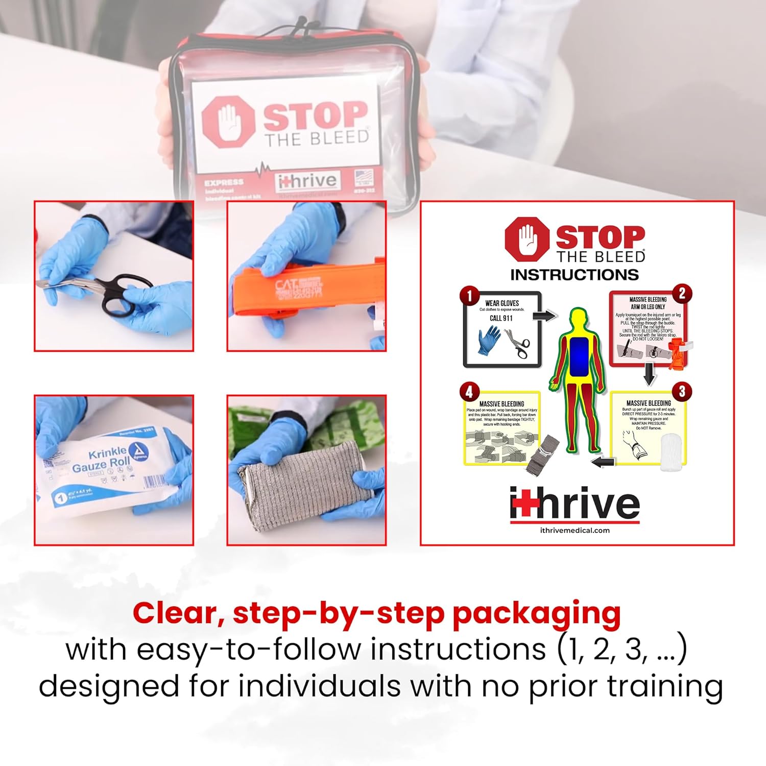 iThrive Express Bleeding Control Kit with Tourniquet - Easy-to-Use Emergency Kit with Official Stop The Bleed License - First Aid Kit Assembled in USA by Veterans - Emergency Supplies
