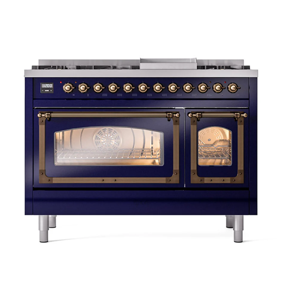 ILVE Nostalgie II Noblesse 48-Inch Dual Fuel Freestanding Range in Midnight Blue with Bronze Trim (UN48FNMPMBB)