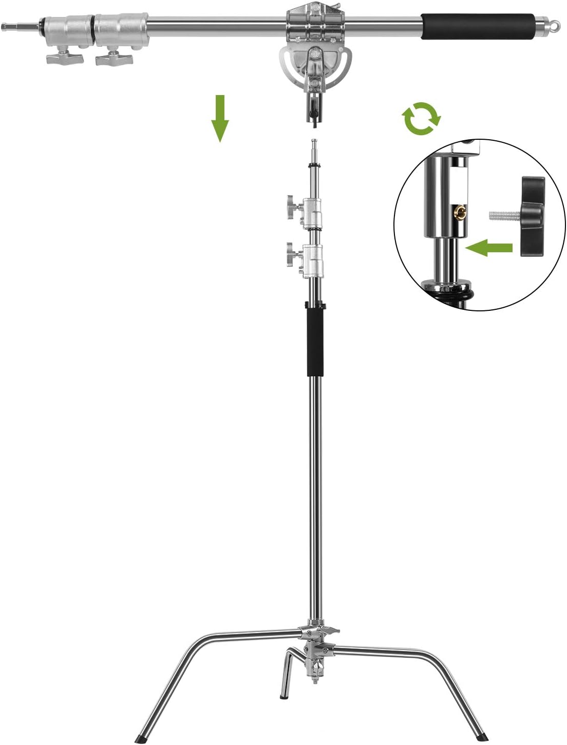 GVM Photography Heavy Duty C Stand with Boom Arm - Max Height 10ft/3.2m, 3ft/1m to 7ft/2.25m Holding Arm Kit for Reflectors, Softboxes, Monolights