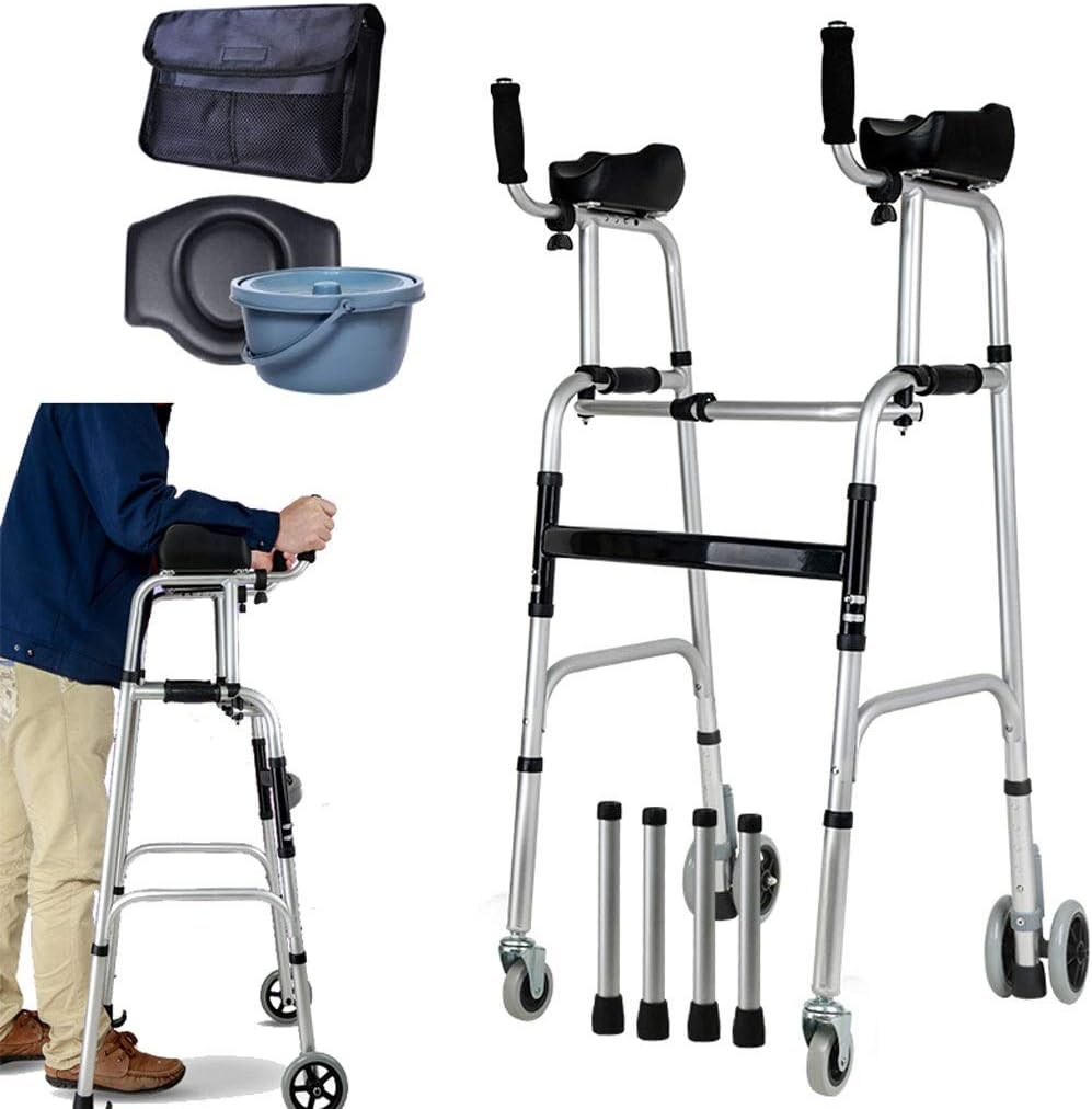 Wheel Walking Frame with Armrest Support Pad - Elderly People Foldable Walker - Lightweight Aluminium Walker - Lower Limb Rehabilitation Training Sharing