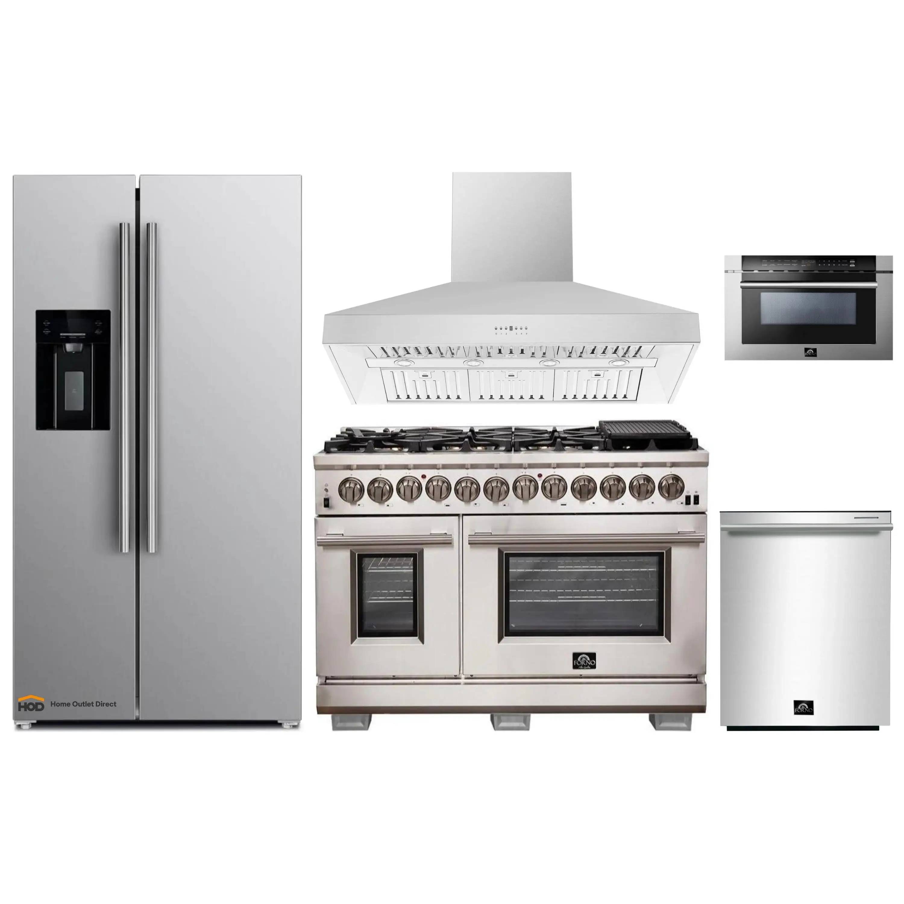 Forno 5-Piece Pro Appliance Package - 48-Inch Dual Fuel Range, Refrigerator with Water Dispenser, Wall Mount Hood, 24-Inch Microwave Drawer, & 3-Rack Dishwasher in Stainless Steel
