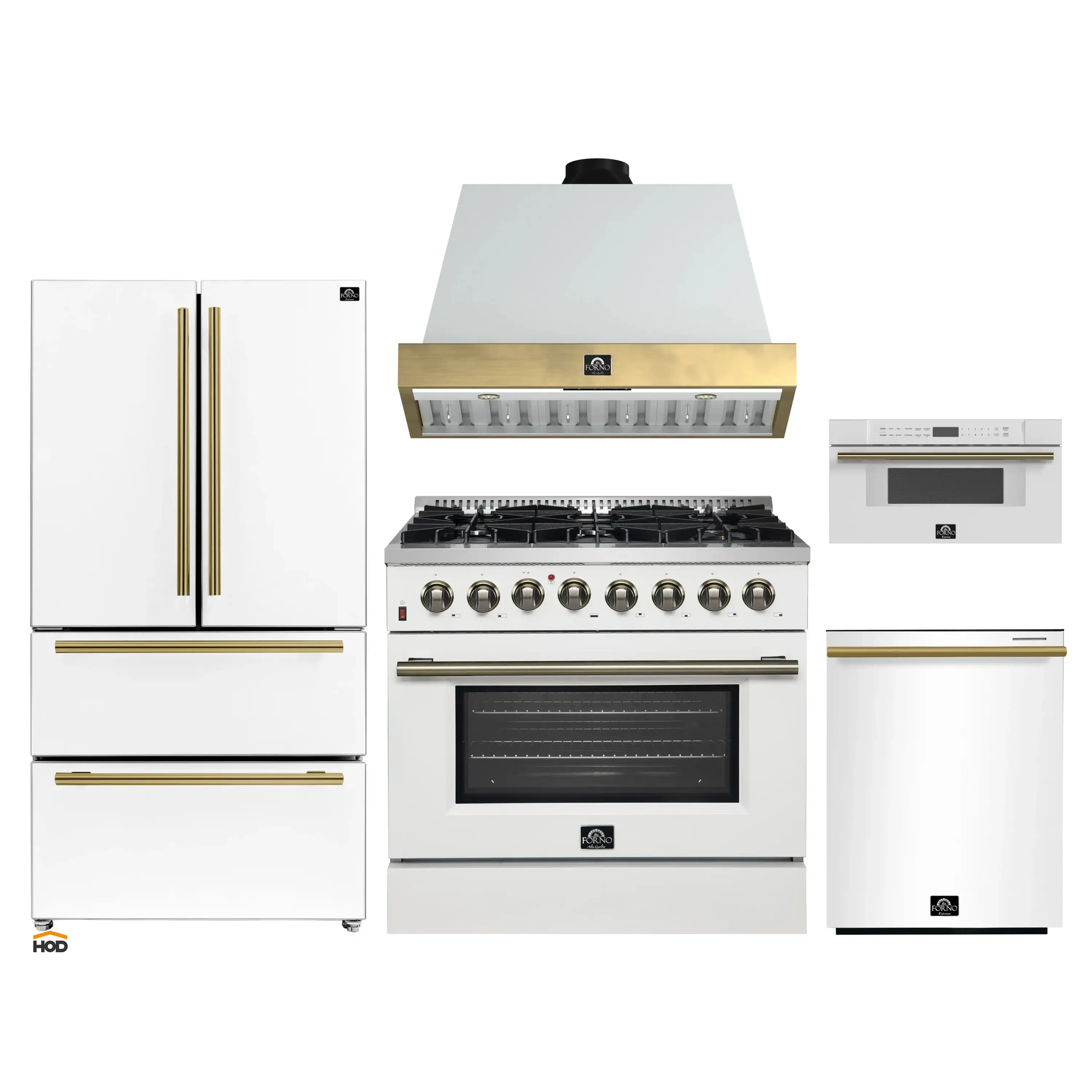 Forno Galiano 5-Piece Appliance Package - 36-Inch Dual Fuel Range, 36-Inch Hood, 36-Inch Refrigerator, 24-Inch Dishwasher, & 30-Inch Microwave Drawer in White with Antique Brass Trim
