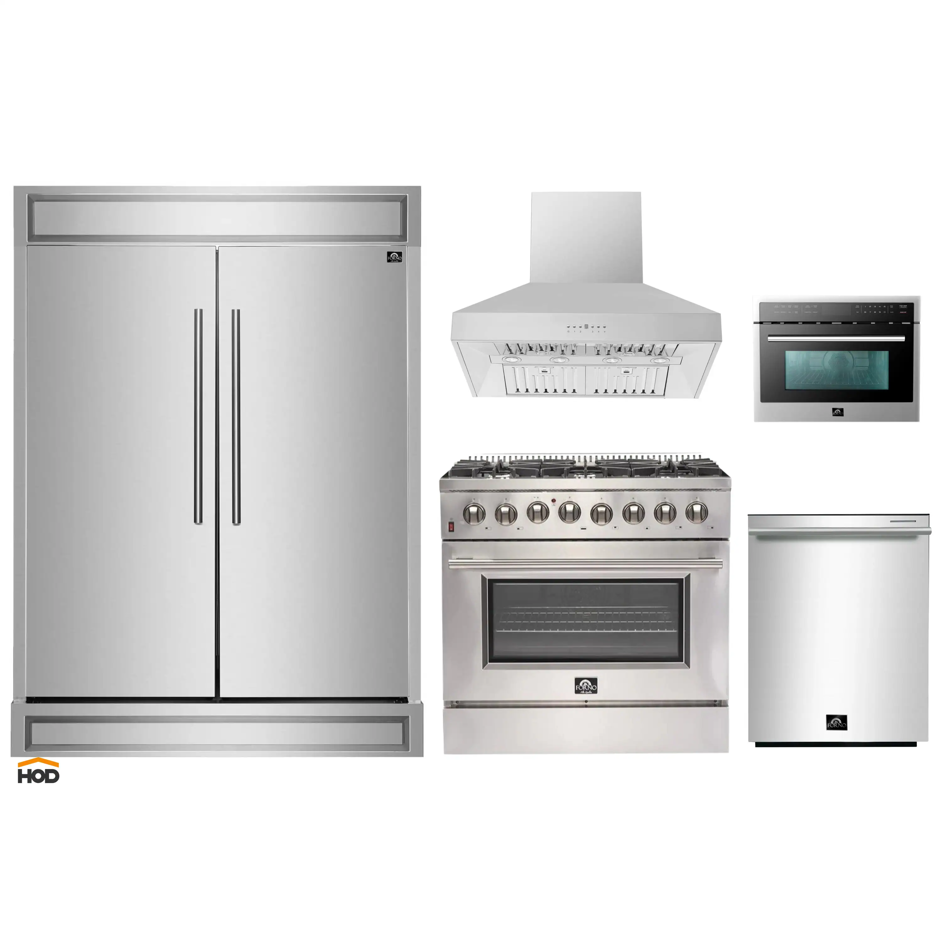 Forno 5-Piece Appliance Package - 36-Inch Dual Fuel Range, 60-Inch Refrigerator, Wall Mount Hood, 24-Inch Microwave Oven, & Dishwasher in Stainless Steel