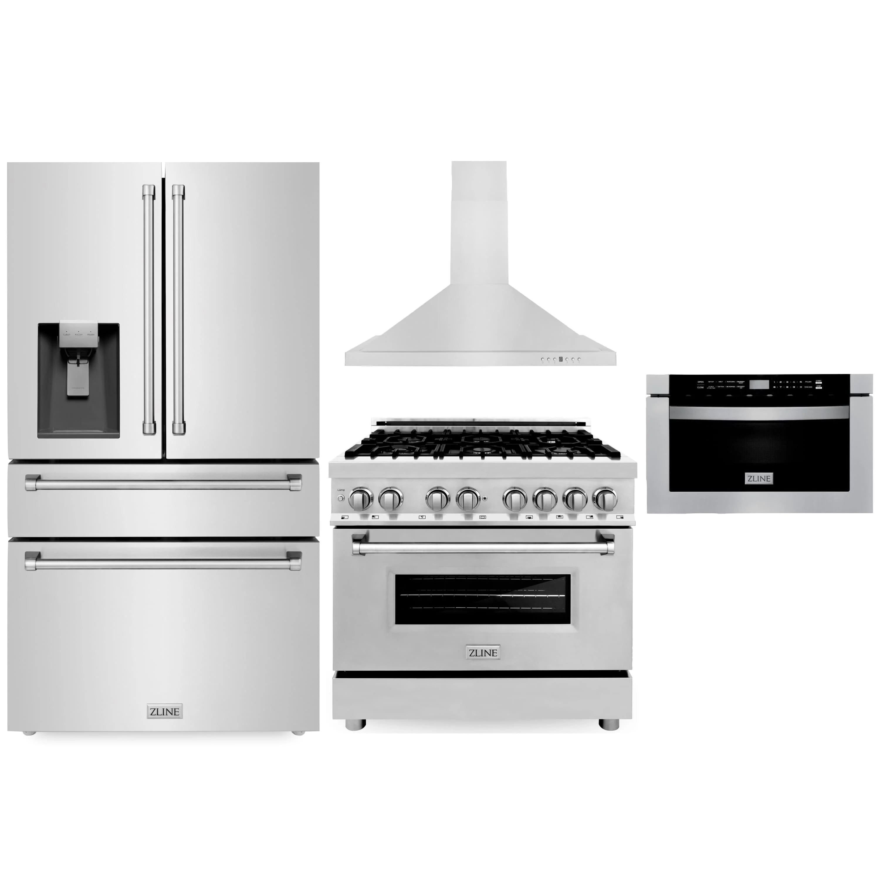 ZLINE 4-Piece Appliance Package - 36-Inch Dual Fuel Range, Refrigerator with Water Dispenser, Convertible Wall Mount Hood, and Microwave Drawer in Stainless Steel (4KPRW-RARH36-MWD)