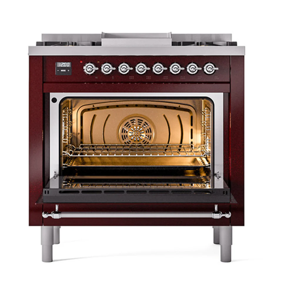 ILVE 36-Inch Nostalgie II Dual Fuel Range with 6 Burners and Solid Door Oven in Burgundy with Chrome Trim (UP36FQNMPBUC)