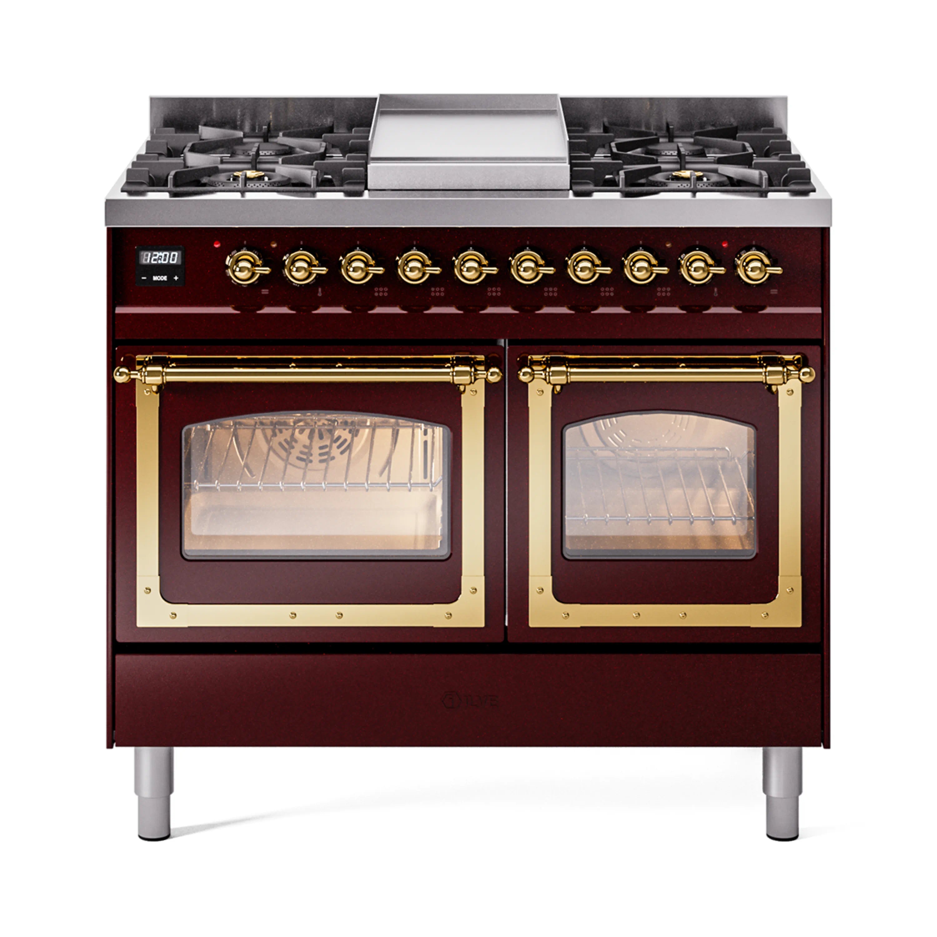 ILVE 40-Inch Nostalgie II Noblesse Dual Fuel Range with Triple Glass Door Oven in Burgundy with Brass Trim (UND40FNMPBUG)