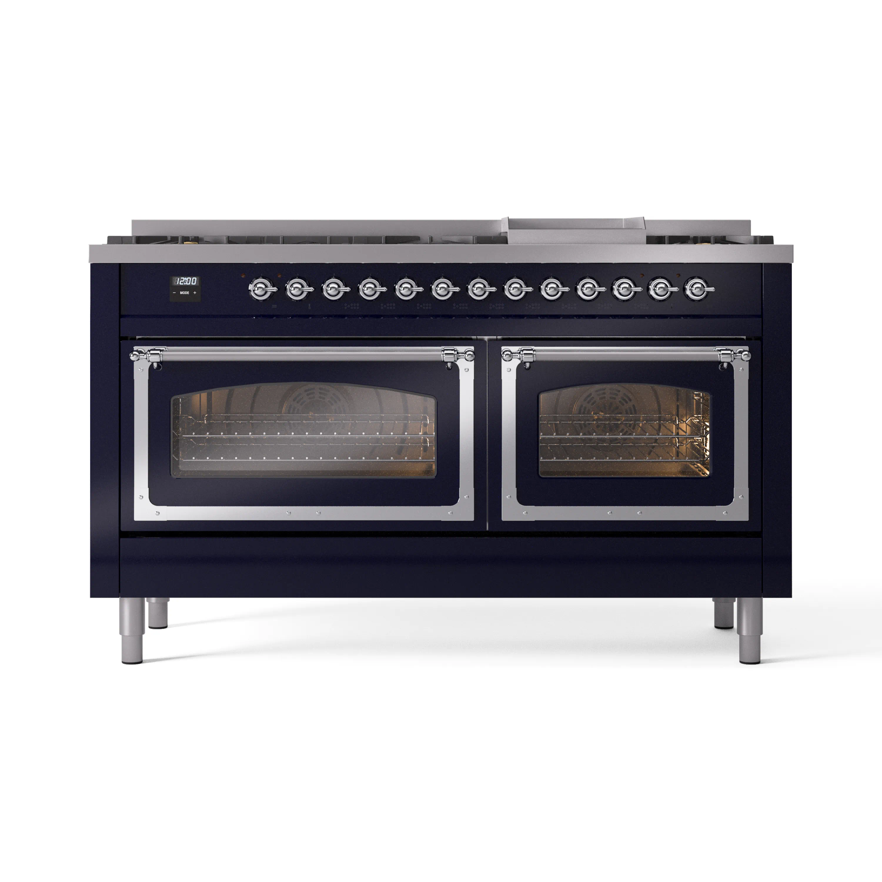 ILVE 60-Inch Nostalgie II Noblesse Dual Fuel Range with 9 Sealed Burners, Griddle, Triple Glass Door Oven in Midnight Blue with Chrome Trim (UN60FNMPMBC)