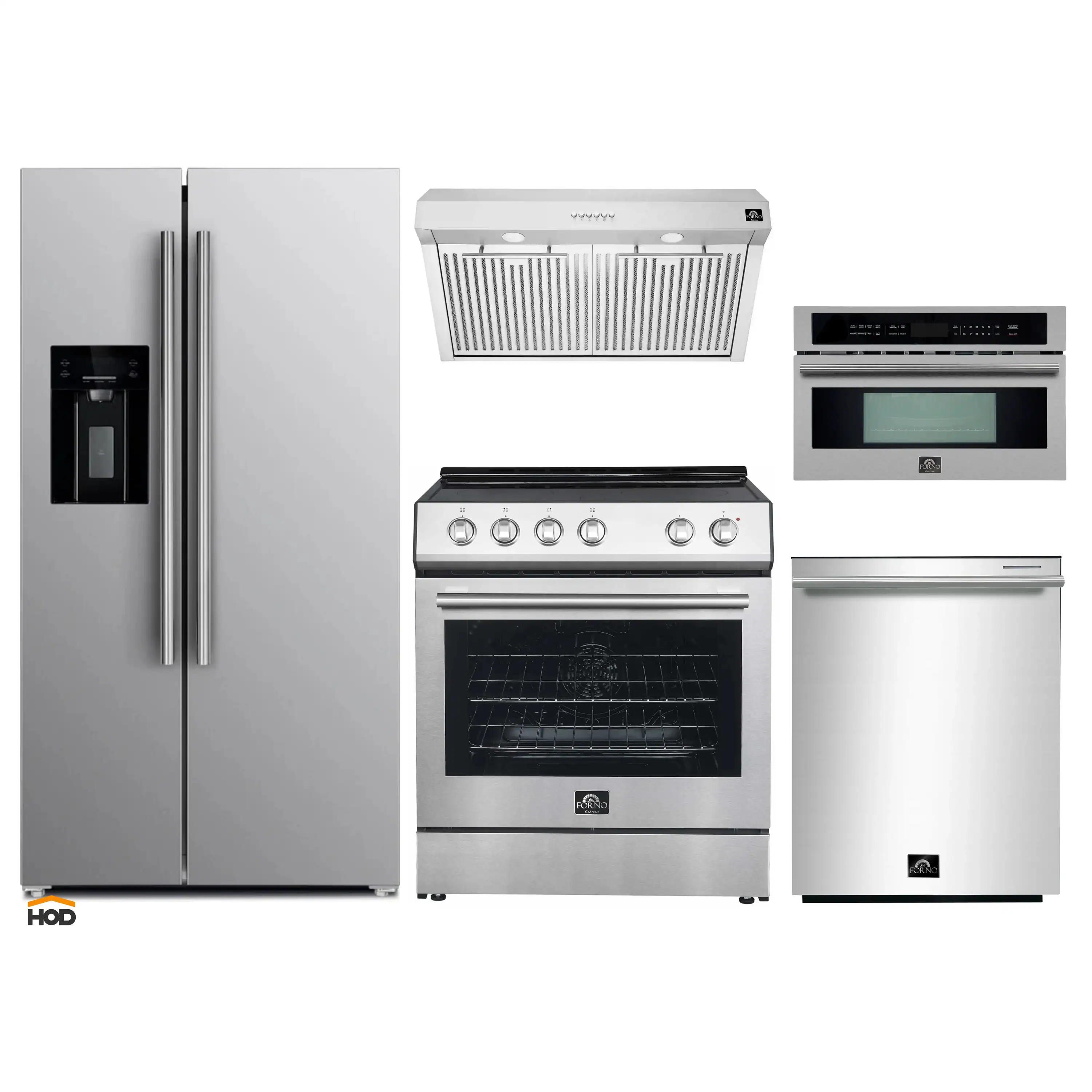 Forno 5-Piece Appliance Package - 30-Inch Electric Range, Under Cabinet Range Hood, Refrigerator with Water Dispenser, Dishwasher, and 30-Inch Microwave Oven in Stainless Steel