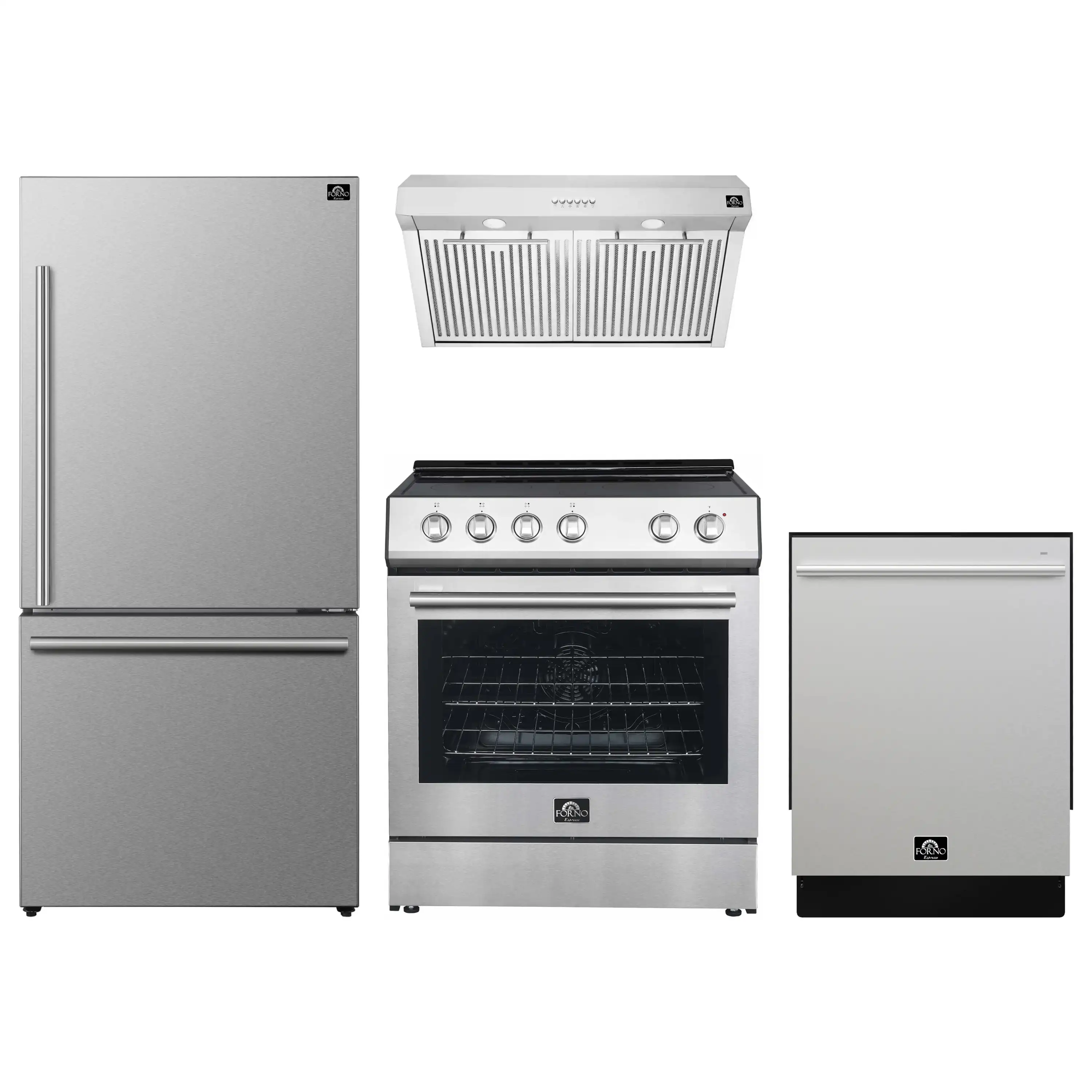 FORNO 4-Piece Appliance Package- 30-Inch Electric Range, Under Cabinet Range Hood, 31-Inch Refrigerator, and Built-In Dishwasher in Stainless Steel (FBDL-010-01US)