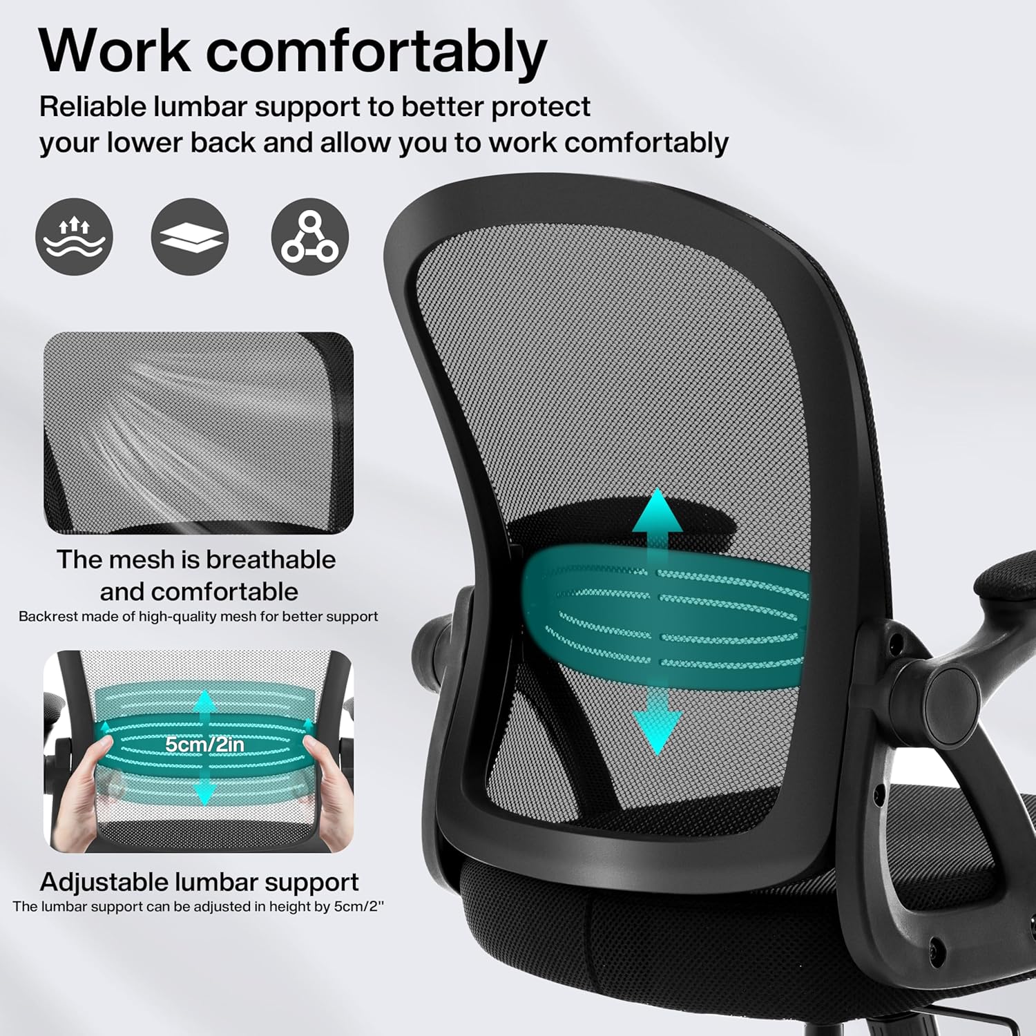 Fizzin Ergonomic Office Desk Chair, Mesh Computer Chair with Adjustable Comfy Flip-up Armrests and Adjustable Lumbar Support, Executive Chairs for Home, Bedroom, Study, Student(6PCS)