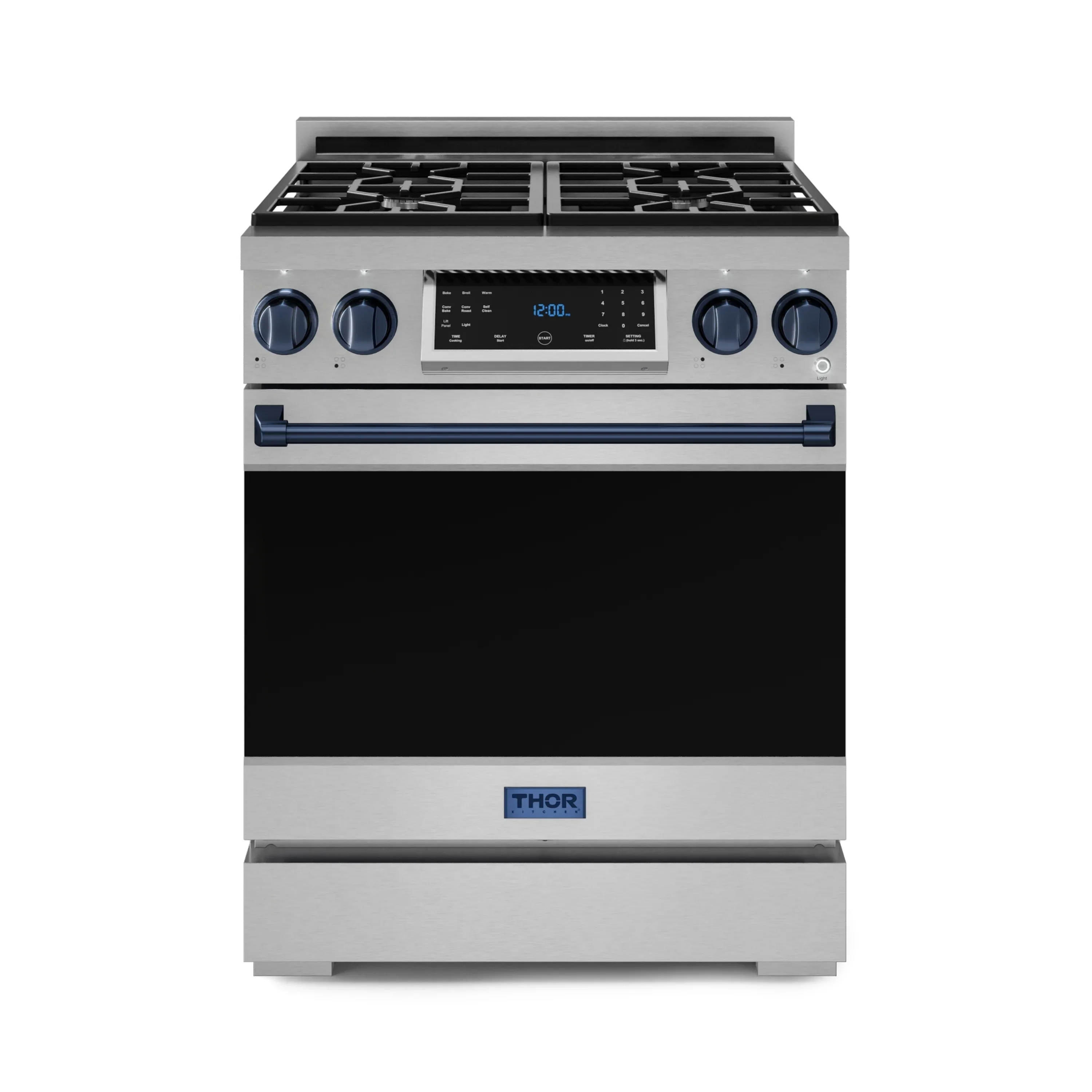 Gordon Ramsay by Thor Kitchen 30-Inch Professional Natural Gas Range with Tilt Panel Touch Control and 4.55 Cu. Ft. Self Clean Oven in Stainless Steel with Navy Blue Trim (RSG30-BLU)