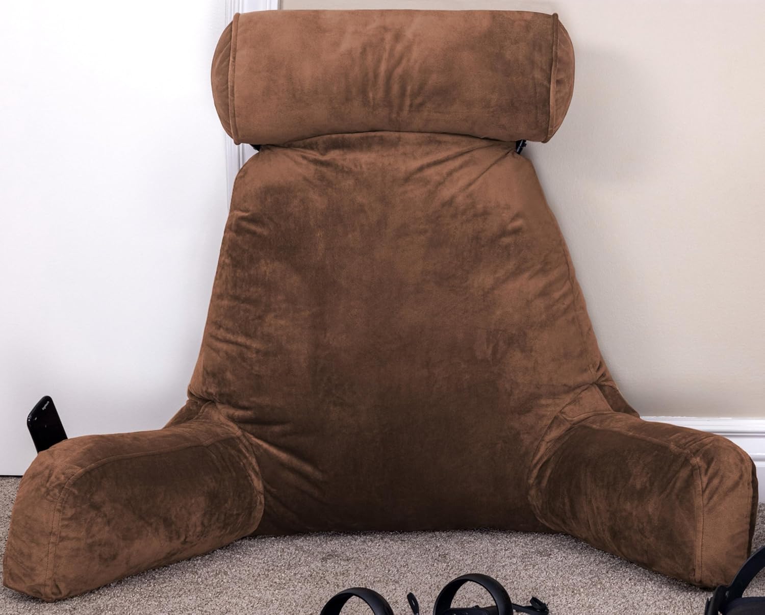 Husband Pillow XXL - Reading Pillow Bed Chair with Arms & Back Support - Chocolate - Back Pillow for Bed Sitting Up - BedRest Arm Pillow - Comfy Reading Pillow for Adults