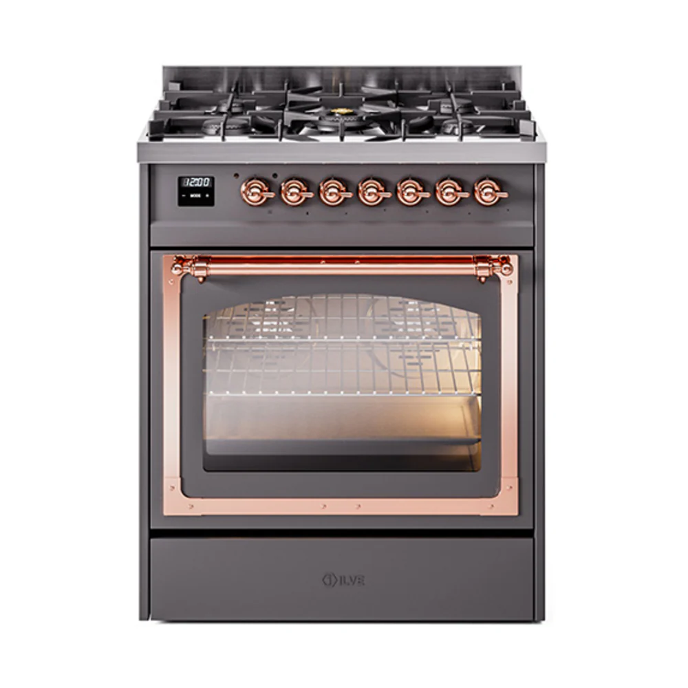 ILVE Nostalgie II Noblesse 30-Inch Dual Fuel Range with Triple Glass Door in Matte Graphite with Copper Trim (UN30NMPMGP)