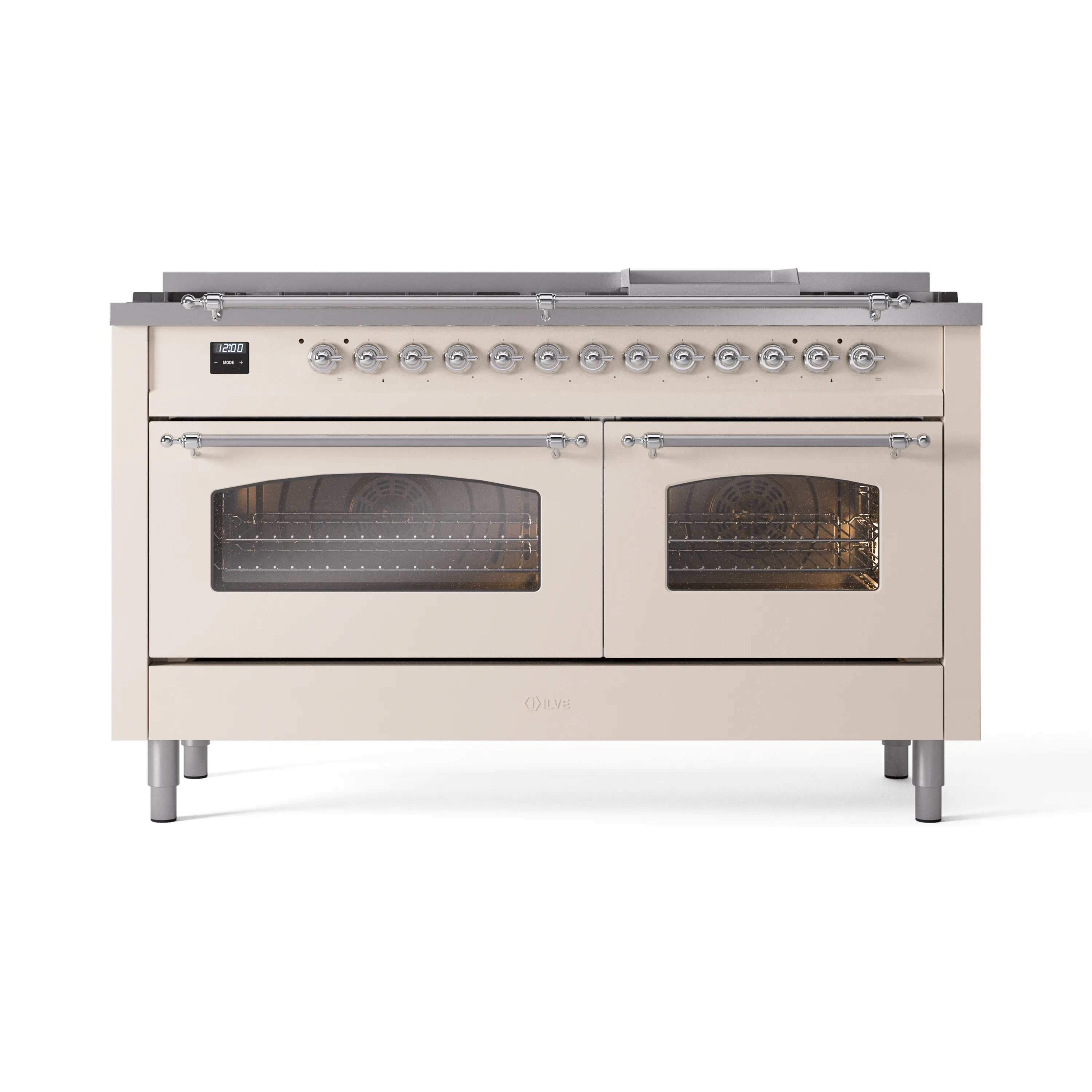 ILVE 60-Inch Nostalgie II Dual Fuel Range with 9 Burners, Griddle and Triple Glass Door Oven in Antique White with Chrome Trim (UP60FNMPAWC)
