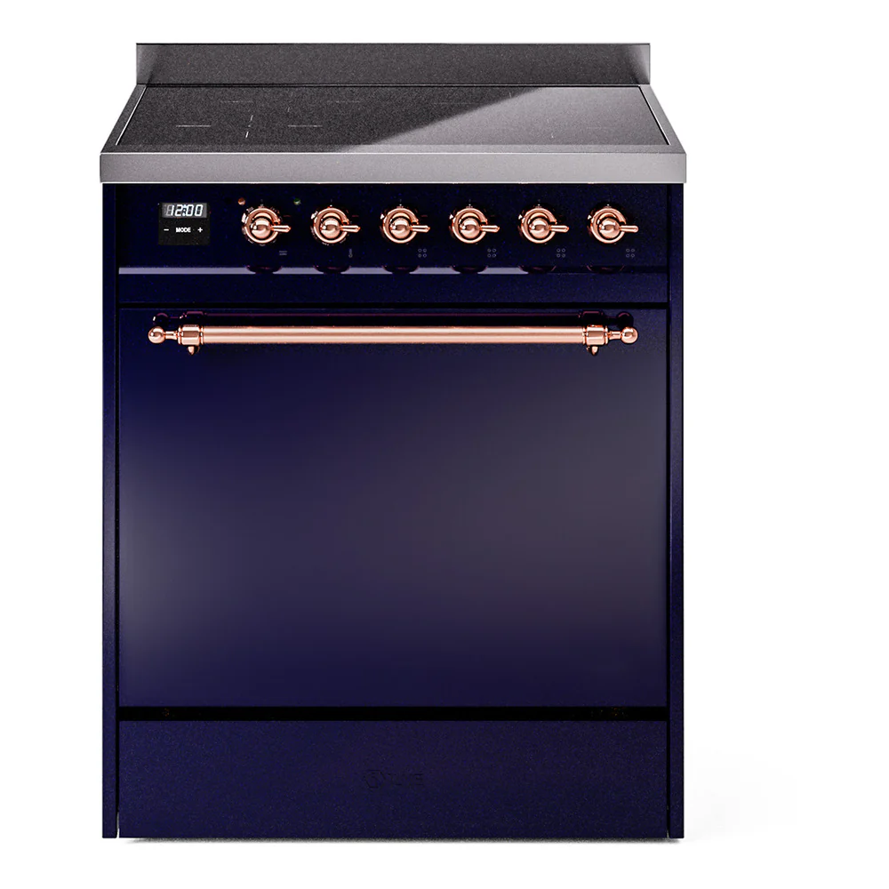 ILVE 30-Inch Nostalgie II Induction Range with Solid Door Oven in Midnight Blue with Copper Trim (UPI304QNMPMBP)