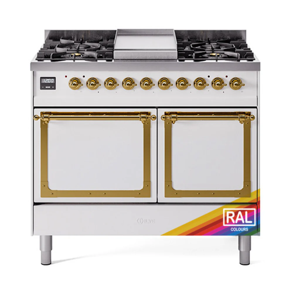 ILVE 40-Inch Nostalgie II Noblesse Dual Fuel Range with Solid Door Oven in RAL with Brass Trim (UND40FQNMPRAG)