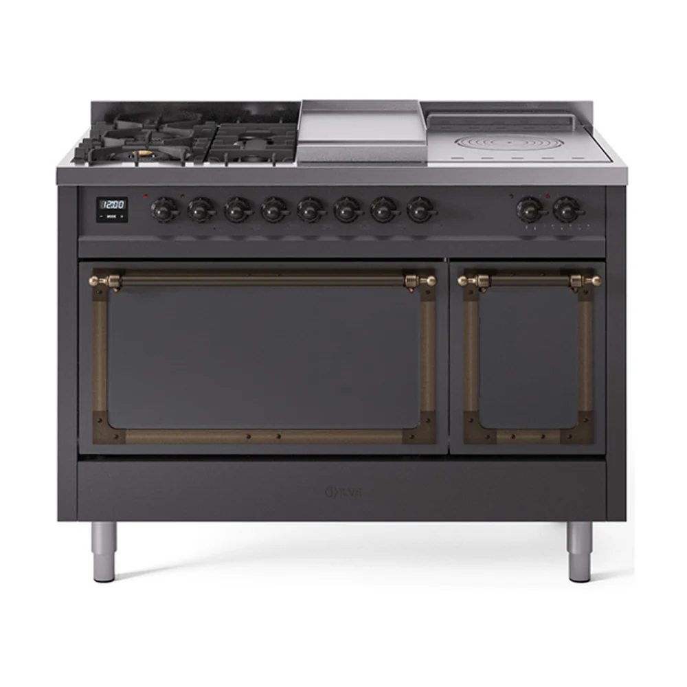ILVE 48-Inch Nostalgie II Noblesse Dual Fuel Range with 5 Sealed Burners, Griddle, French Top and Solid Door Oven in Matte Graphite with Bronze Trim (UN48FSQNMPMGB)