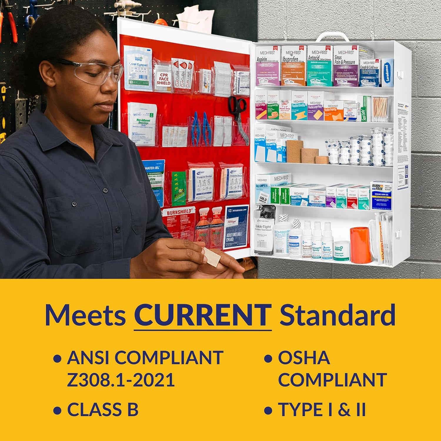 MFASCO 5-Shelf First Aid Kit - 2021 OSHA Compliant Class B, Wall Mount First Aid Cabinet for Businesses & Industrial - Ideal for Office Use - Deluxe Metal First Aid Box, Commercial First Aid Kit