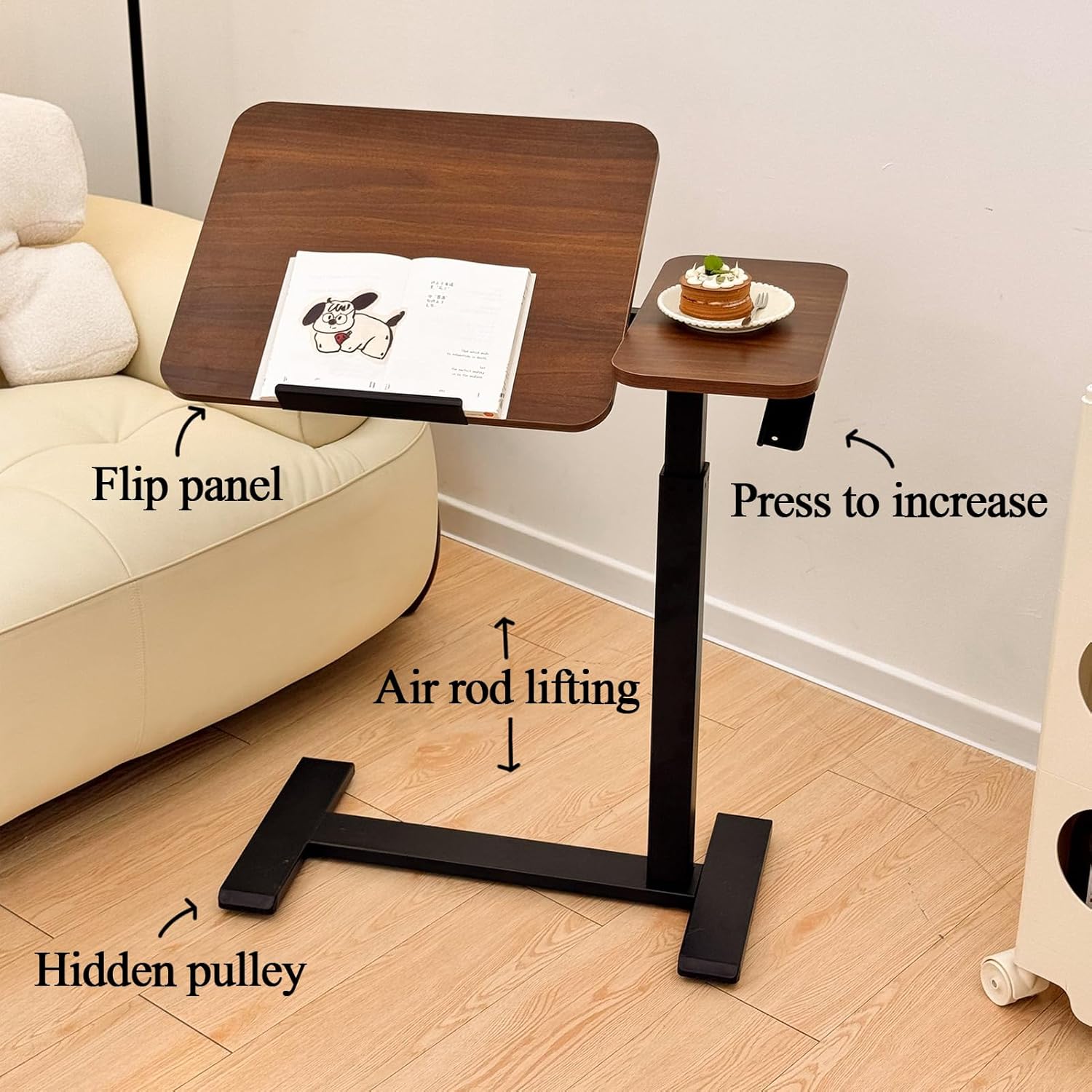 ELQ Adjustable Over Bed Table with Hidden Casters, Tiltable Hospital Bed Table with Wheels, Rolling Laptop Desk for Home, Office, Study, Walnut（27.6