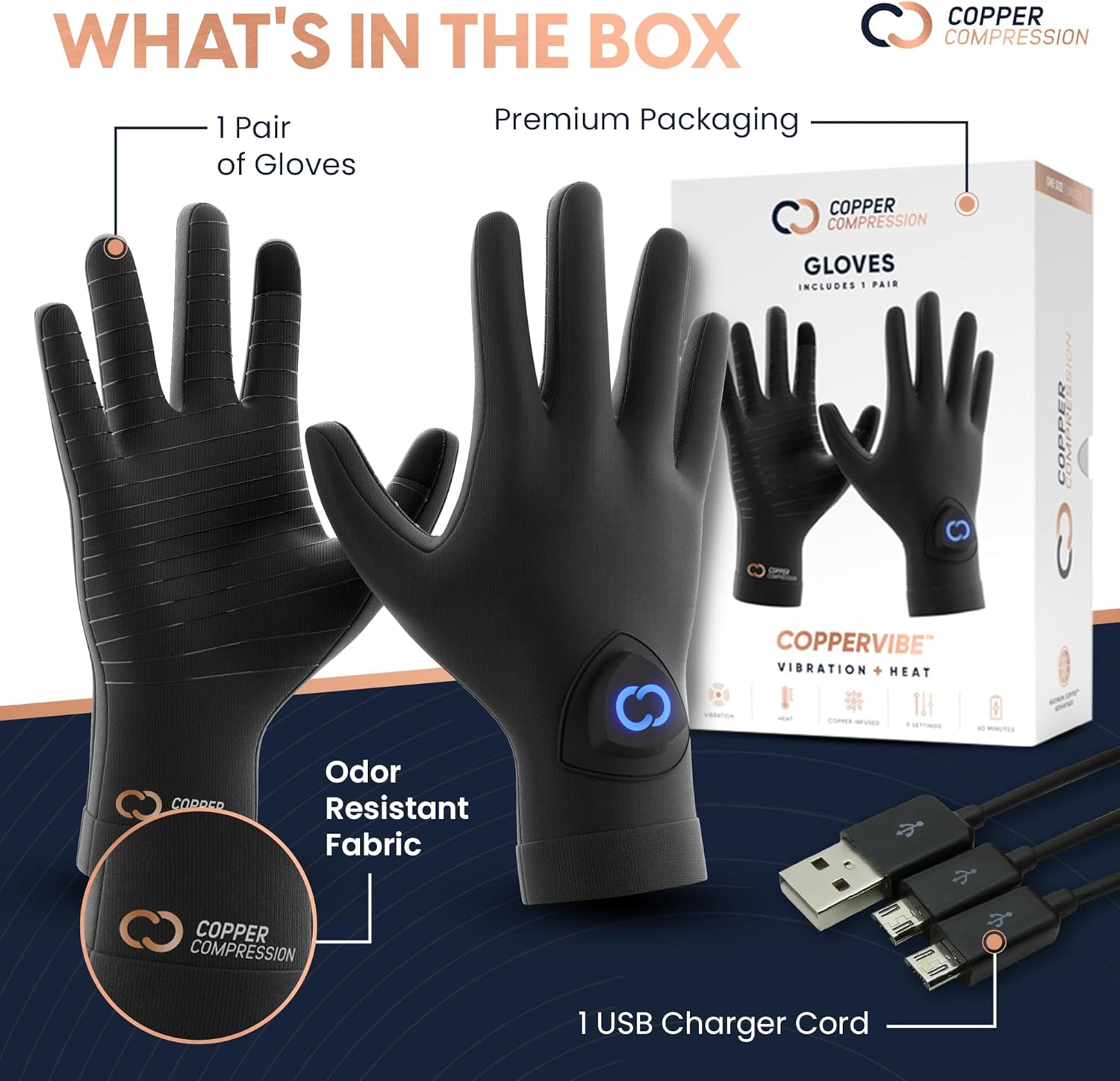 Copper Compression CopperVibe Vibration & Heat Gloves - Heated Hand Massage - FSA Flexible Spending Account