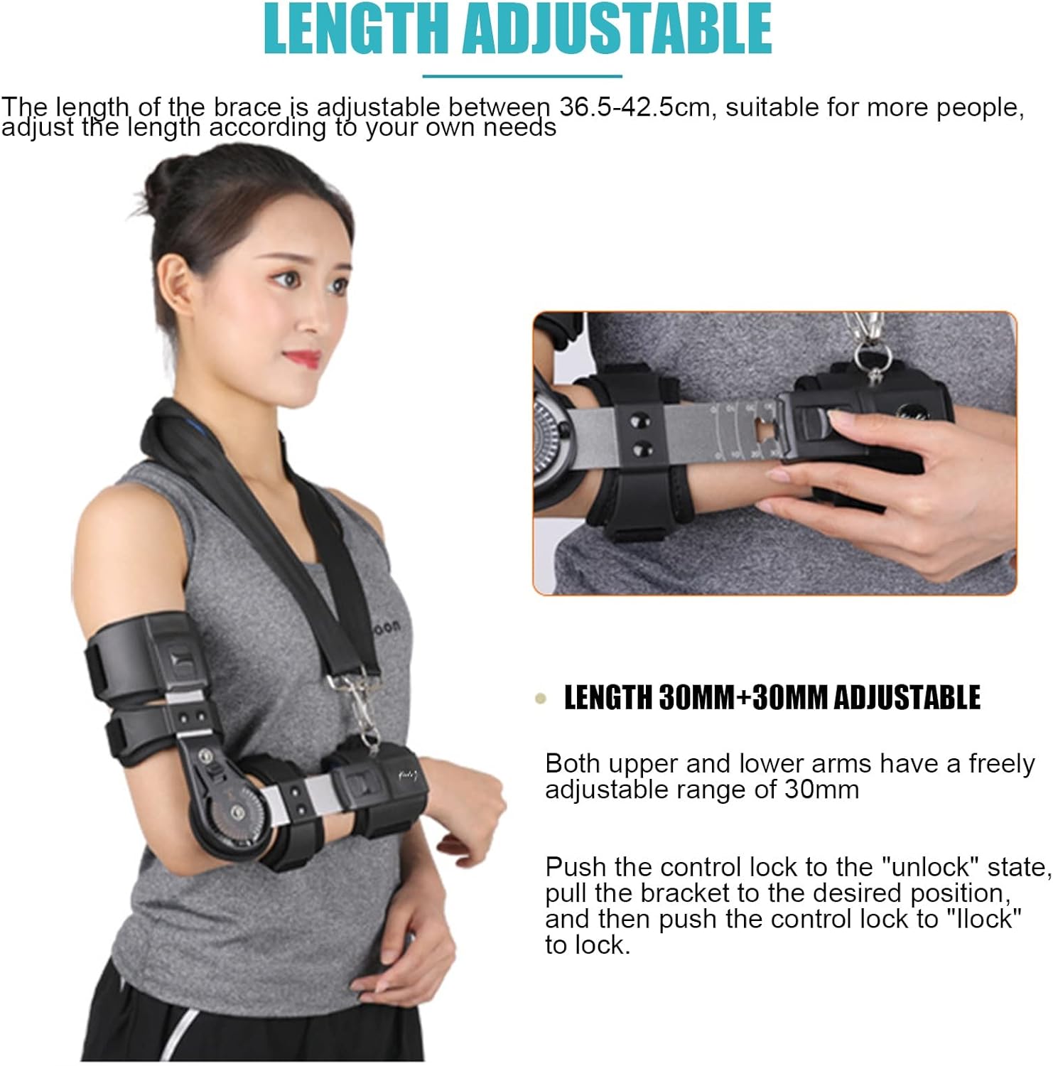 Adjustable Hinged Elbow Brace, Adjustable Post Op Elbow Brace with Strap for Support Post Op Injury Recovery for Left Right Arm (Color : Black, Size : Right Arm)