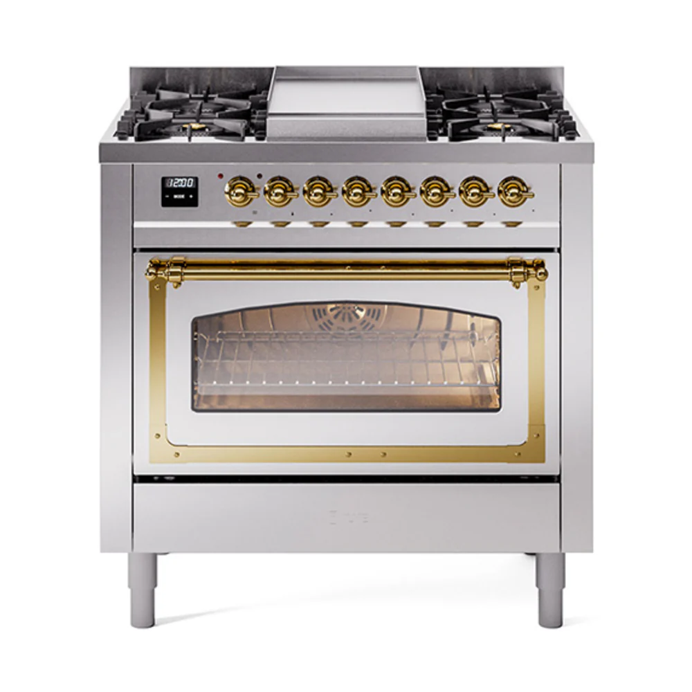 ILVE Nostalgie II Noblesse 36-Inch Dual Fuel Range and Triple Glass Door in Stainless Steel with Brass Trim (UN36FNMPSSG)
