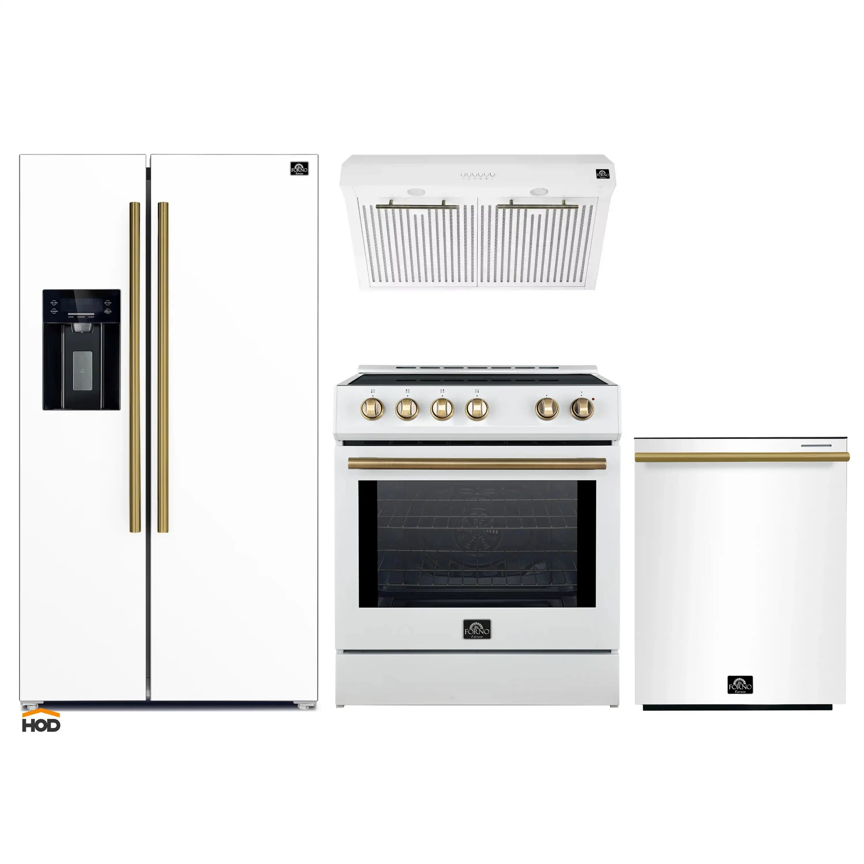 Forno 4-Piece Appliance Package - 30-Inch Induction Range, Under Cabinet Range Hood, French Door Refrigerator with Water Dispenser, and Dishwasher in White with Antique Brass Trim