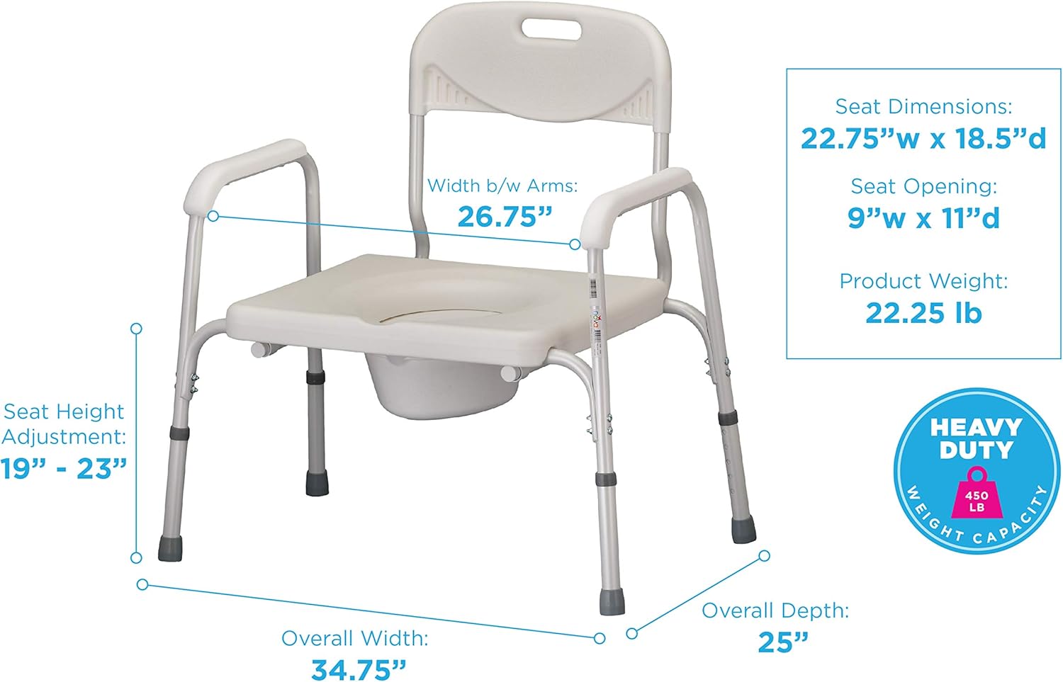 NOVA Heavy Duty Bedside Commode, Extra Wide Seat, 450 lb. Weight Capacity, Seat Height Adjustable, Stand Alone or Over Toilet Commode, White