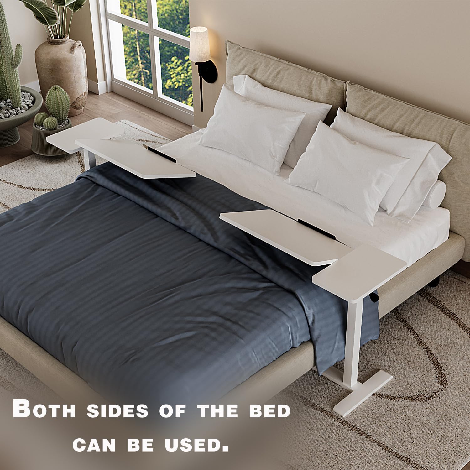 Adjustable Overbed Bedside Table with Wheels Pneumatic Mobile Standing Laptop Desk Rolling Computer Cart Movable Couch Desk Hospital Home Use, White