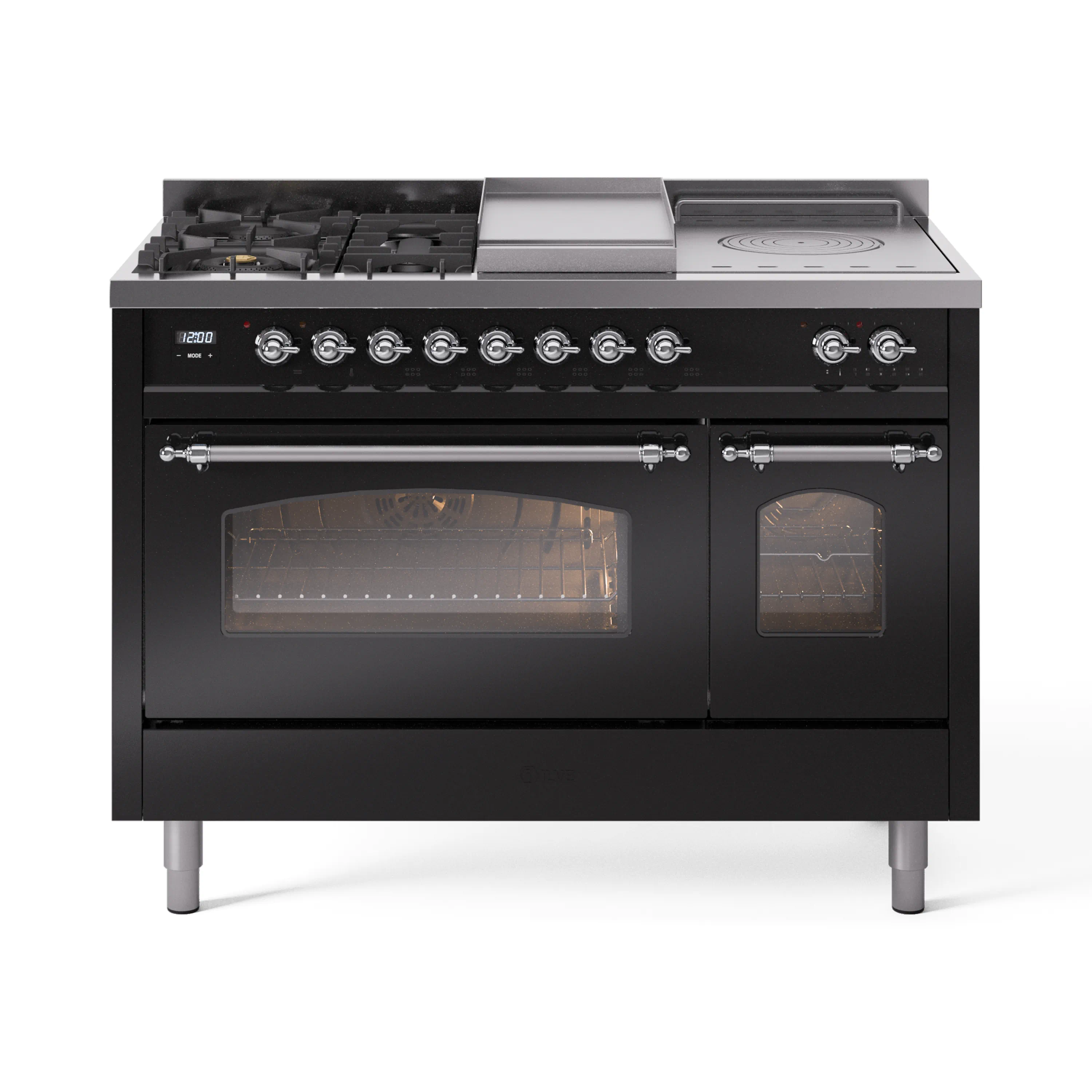ILVE Nostalgie II 48-Inch Dual Fuel Range with 5 Burners, Griddle, & French Top with Triple Glass Door Oven in Glossy Black with Chrome Trim (UP48FSNMPBKC)