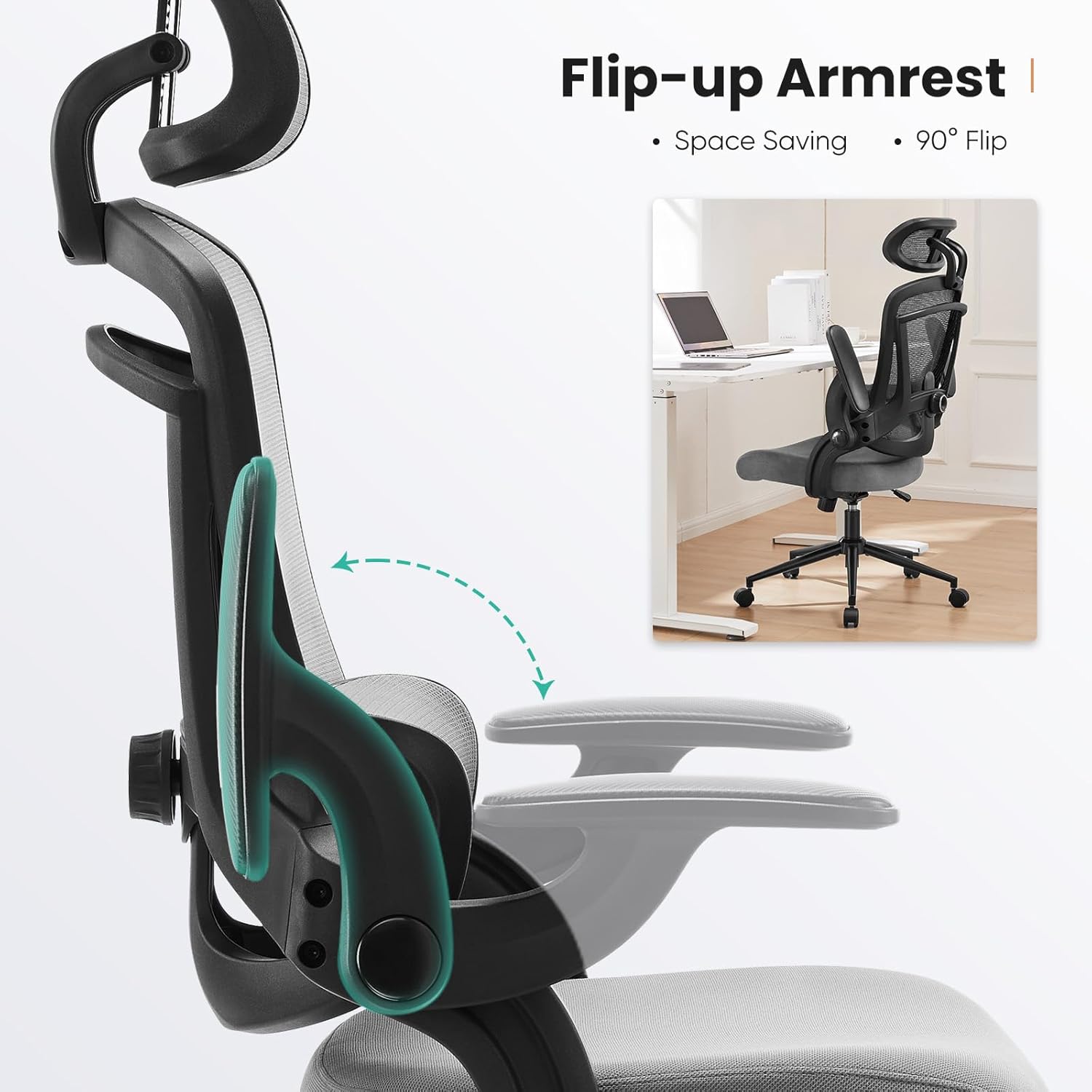 Sweetcrispy Ergonomic Desk Chair Office Chair, 300 LBS Home Mesh Office Desk Chairs with Wheels, 2D Headrest, Up&Down Lumbar Support, Swivel High Back Computer Chair with Flip-up Armrests,Dark Grey