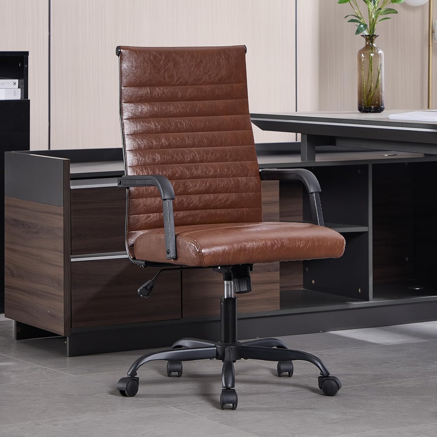 Office Chair, Ergonomic Executive Conference Room Chairs, Ribbed Leather Desk Chair with Lumbar Support, Adjustable Height Mid-Back Swivel Chair with Padded Seat and Square Tube Armrests