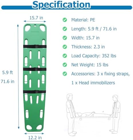 Lightweight Emergency Spine Board Stretcher - 6ft Lifeguard Backboard for Patient Transport & Immobilization, Essential First Aid Rescue Gear (Includes Red Head Immobilizer)