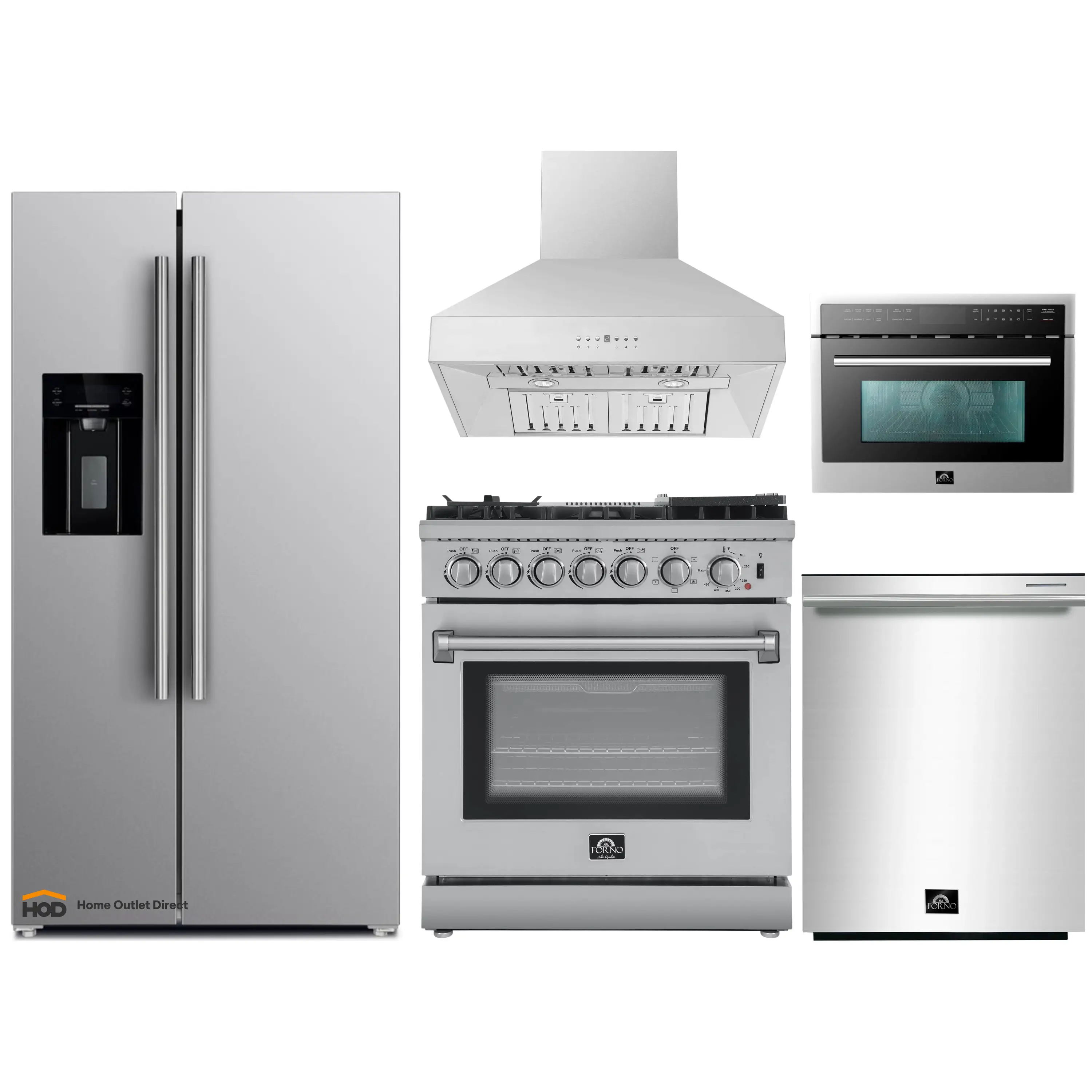 Forno 5-Piece Appliance Package - 30-Inch Dual Fuel Range with Air Fryer, Refrigerator with Water Dispenser, Wall Mount Hood, 24-Inch Microwave Drawer, & 3-Rack Dishwasher in Stainless Steel