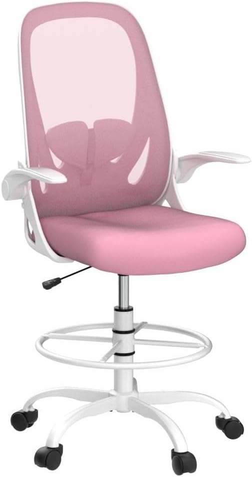 Primy Drafting Chair Tall Office Chair with Flip-up Armrests Executive Ergonomic Computer Standing Desk Chair with Lumbar Support and Adjustable Footrest Ring (Pink)