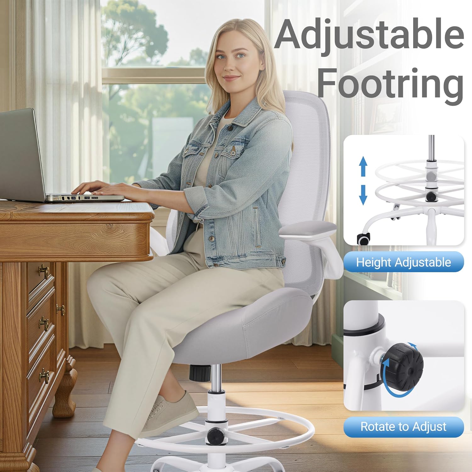 HYLONE Drafting Chair Tall Office Chair with Flip-Up Armrests Ergonomic Computer Chair with Lumbar Support Adjustable Footrest Ring Mesh Standing Desk Chair (Grey)