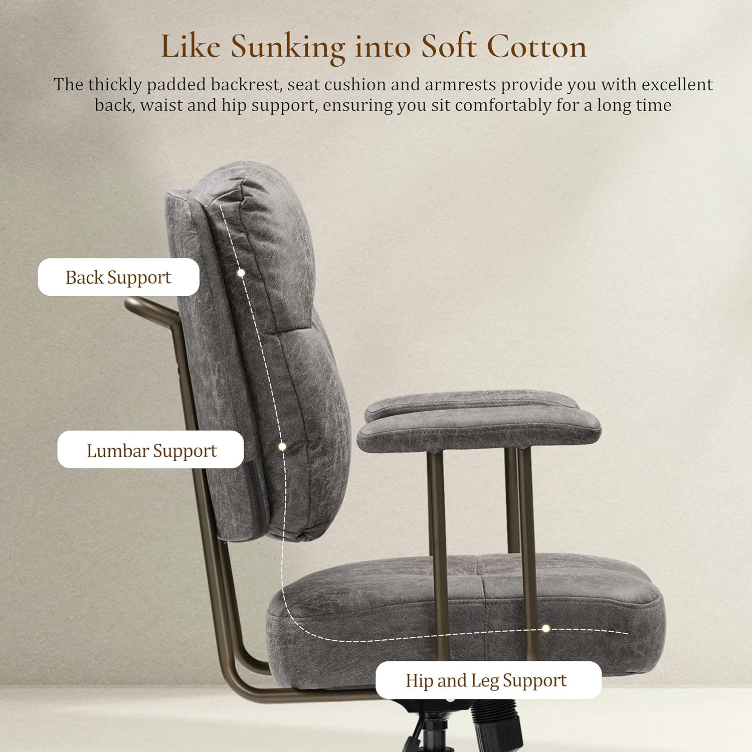 EUREKA ERGONOMIC Becky Mid Century Modern Office Desk Chairs Leather, Comfy Office Chair with Lumbar Support and Arms, Mid Back, Comfortable Thick Cushion, Height Adjustable, 360°Swivel, Cement Grey