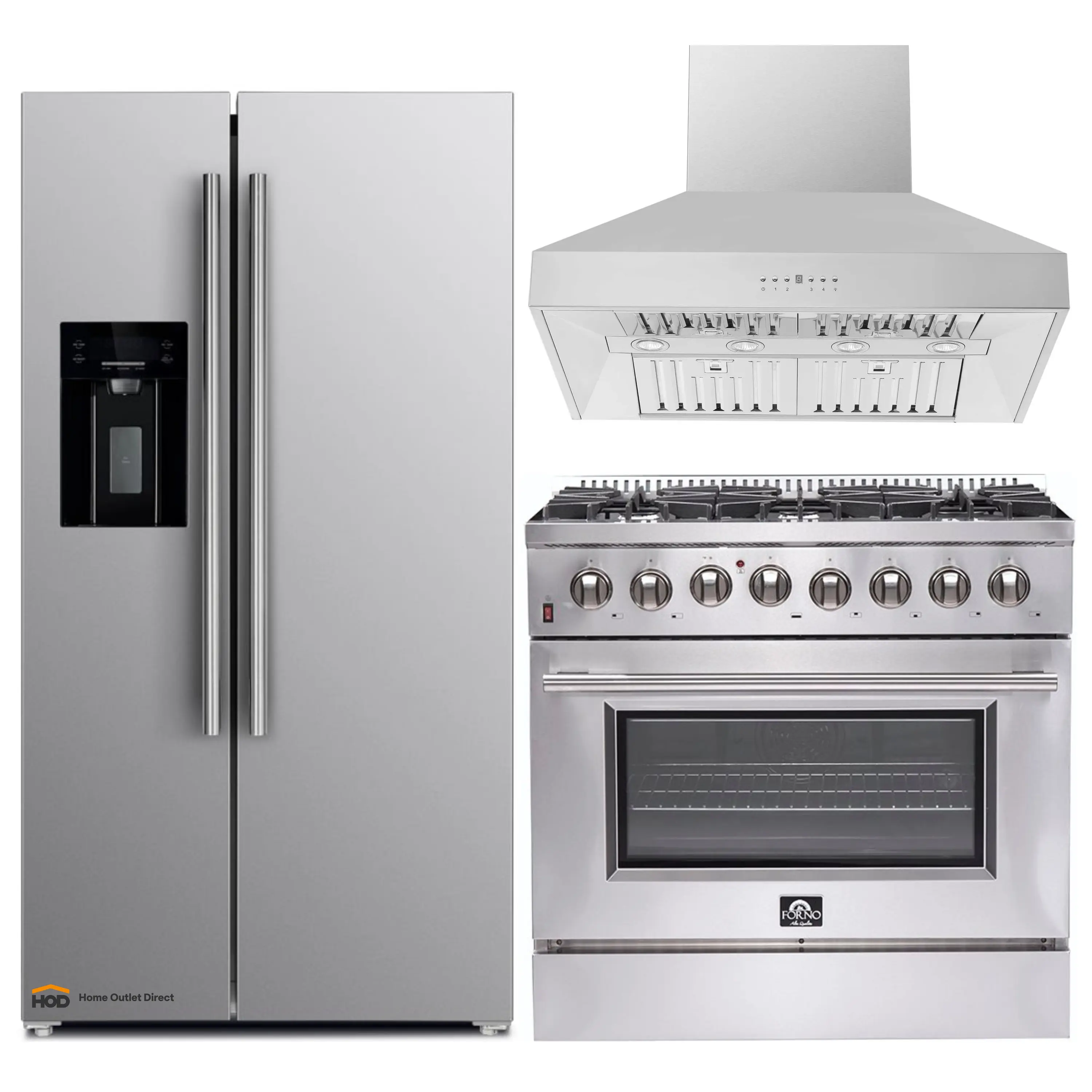Forno 3-Piece Appliance Package - 36-Inch Dual Fuel Range, Refrigerator with Water Dispenser, & Wall Mount Hood in Stainless Steel