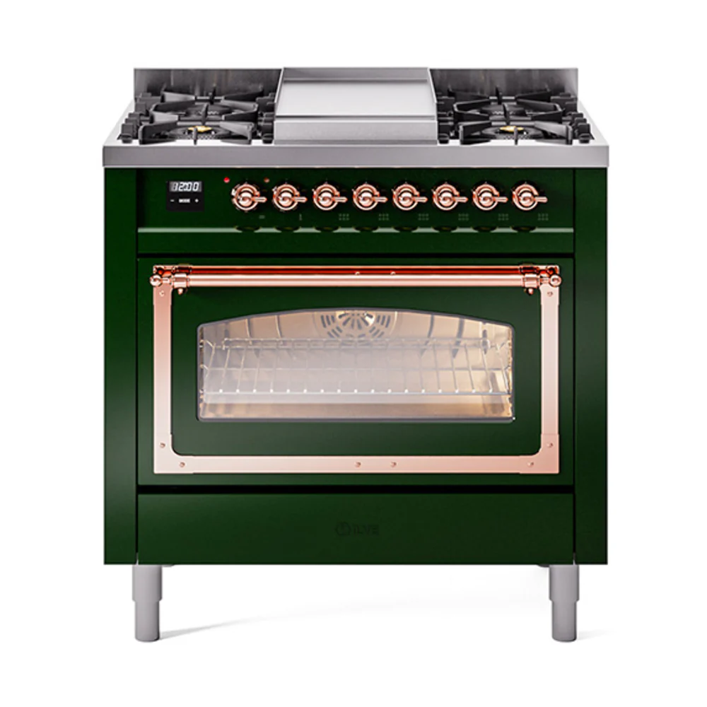 ILVE Nostalgie II Noblesse 36-Inch Dual Fuel Range and Triple Glass Door in Emerald Green with Copper Trim (UN36FNMPEGP)
