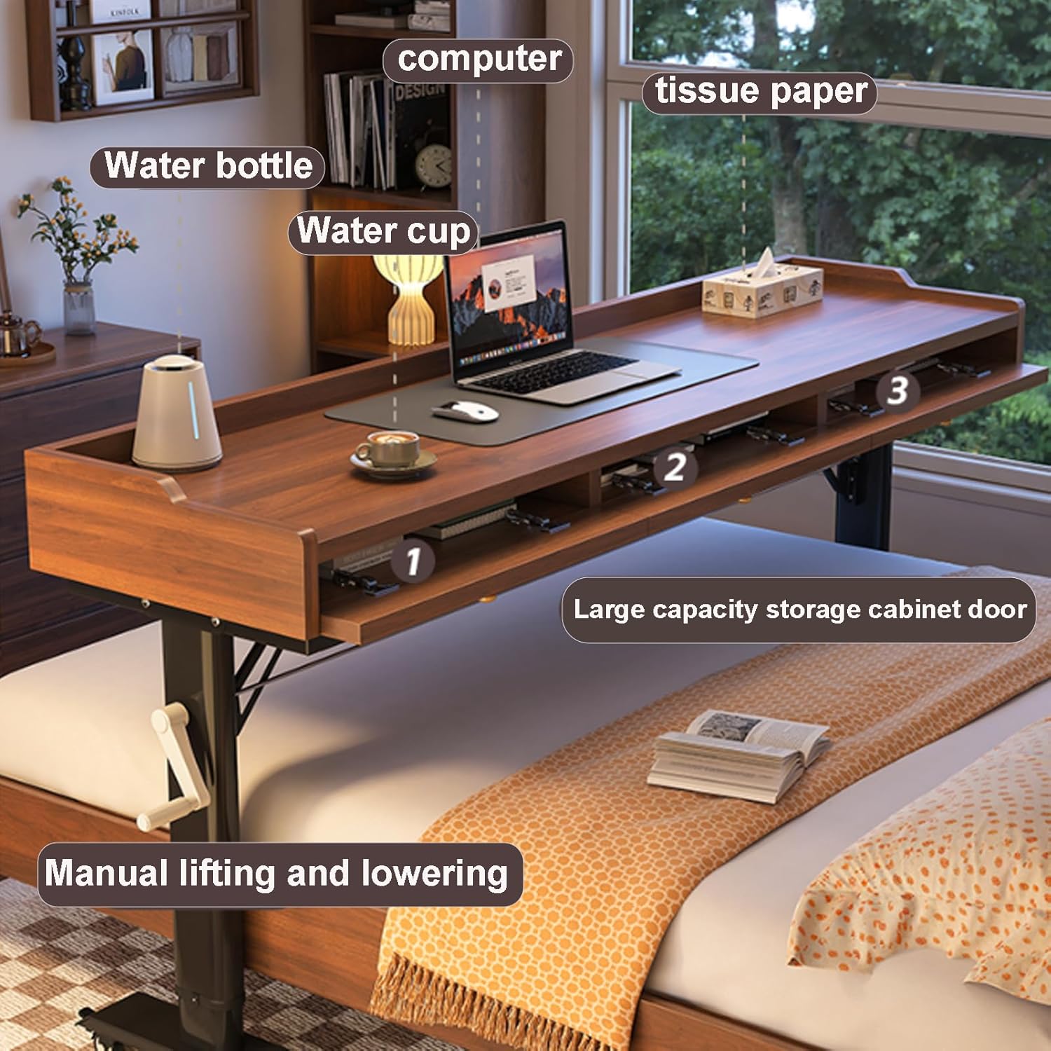 Over The Bed Desk with Wheels & Drawer, Height Adjustable Over The Bed Table, Crank Adjustment, Safety Baffle, Mobile Laptop Computer Cart for Hospital, Bedroom, Home Office Use