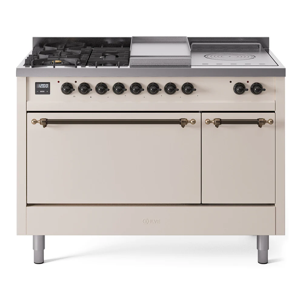 ILVE Nostalgie II 48-Inch Dual Fuel Range with 5 Burners, Griddle, & French Top, with Solid Door Oven in Antique White with Bronze Trim (UP48FSQNMPAWB)