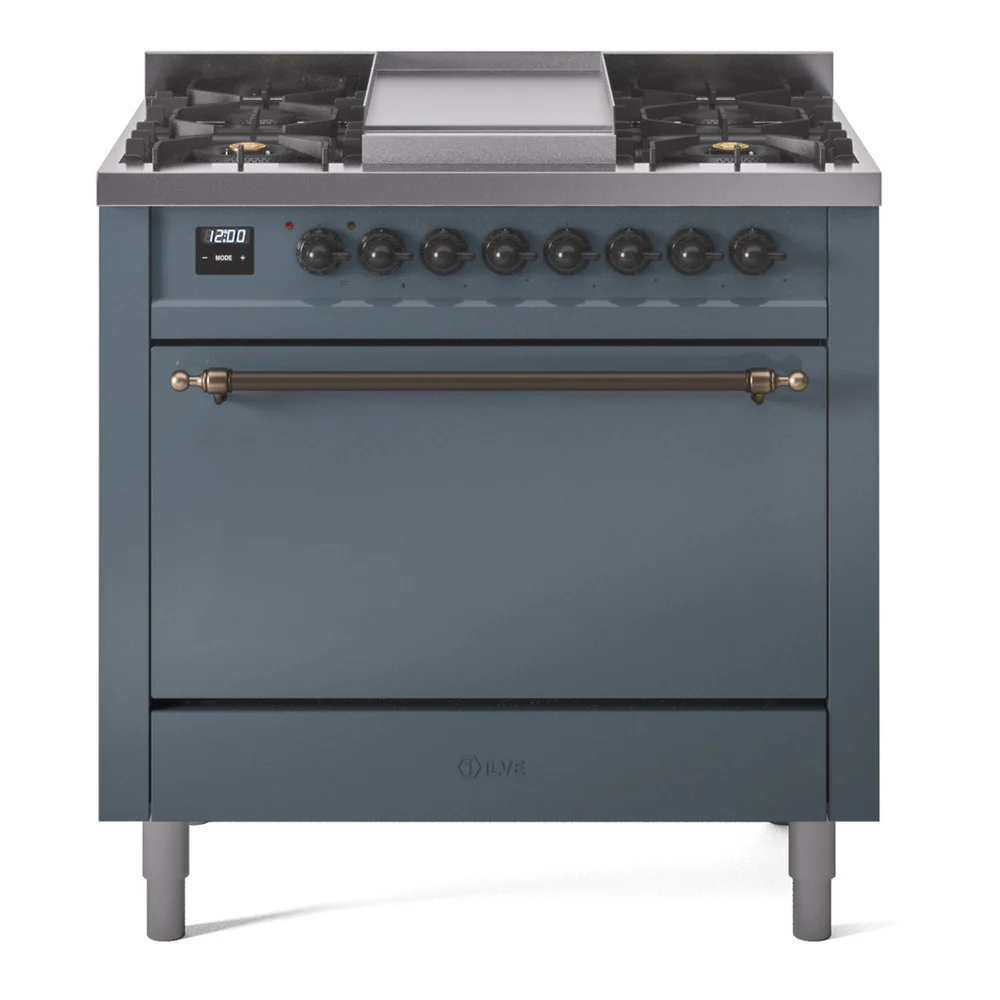 ILVE 36-Inch Nostalgie II Dual Fuel Range with 6 Burners and Solid Door Oven in Blue Grey with Bronze Trim (UP36FQNMPBGB)