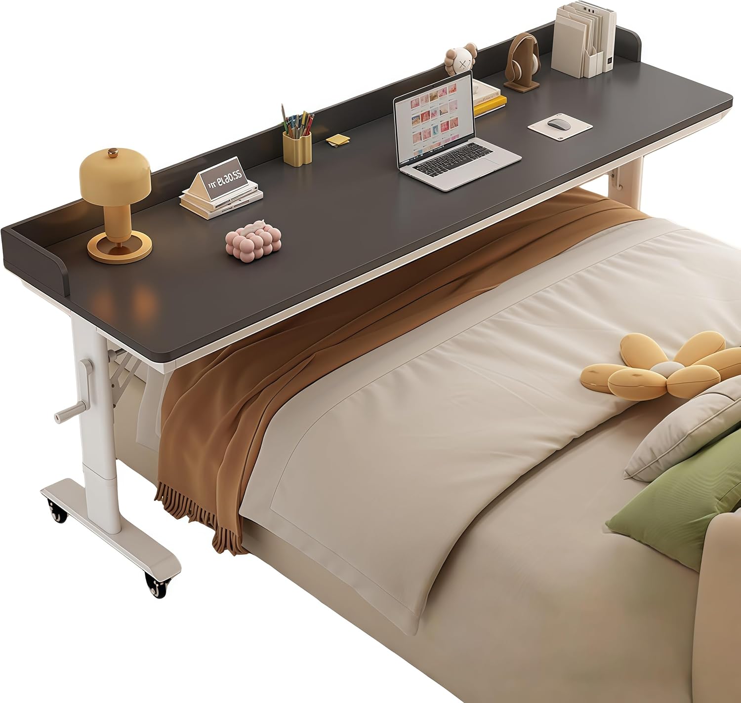 Over The Bed Table with Wheels,Adjustable Height Rolling Bed Desk - Mobile Laptop Cart for Home Office,Hospital, Bedroom Work,Fits King Size Beds