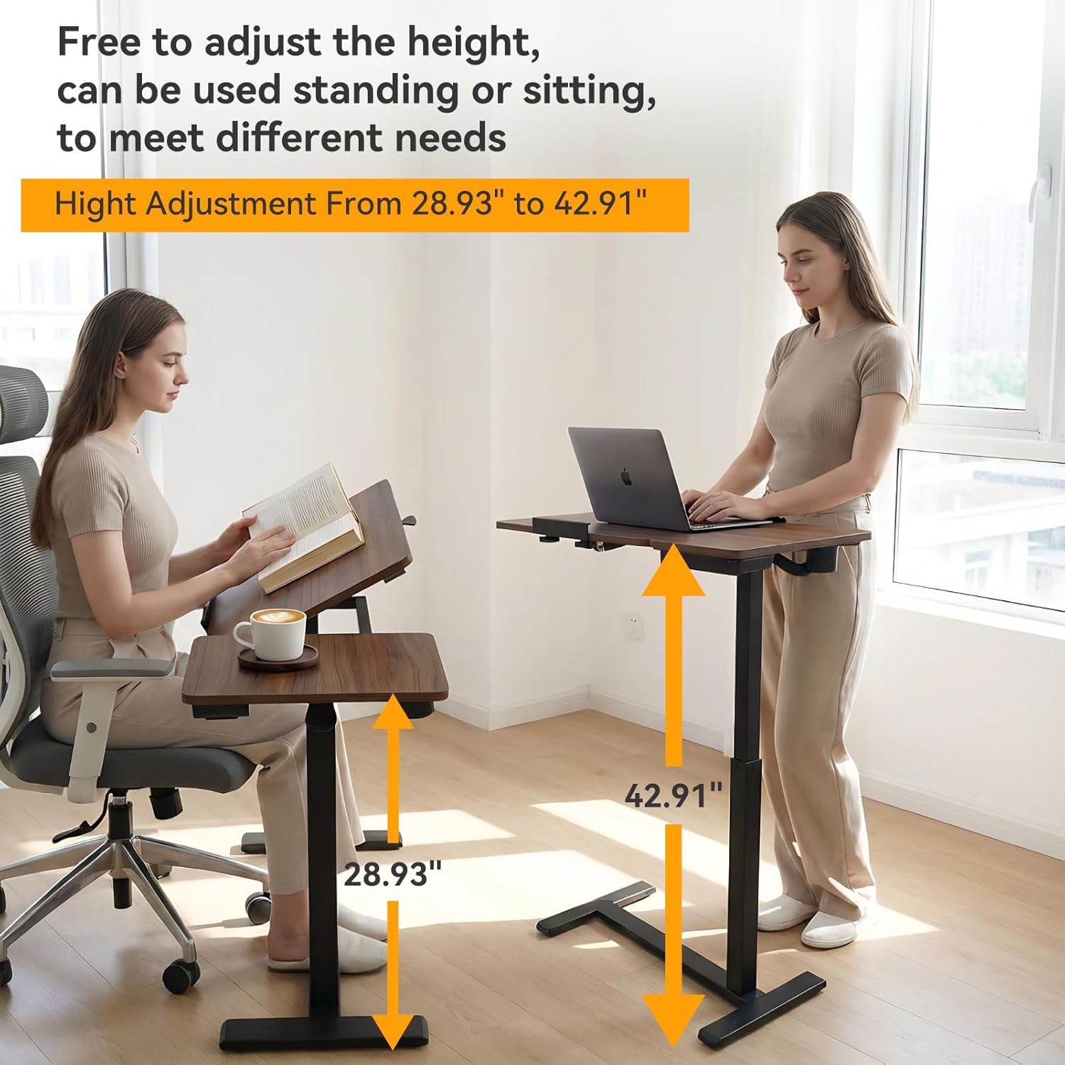 Overbed Bedside Table Adjustable with Wheels, Mobile Standing Stand Up Rolling Laptop PC Desks with Tilting Top Height Tray Side Computer Workstation for Bedroom on Hospital Home Use, Brown