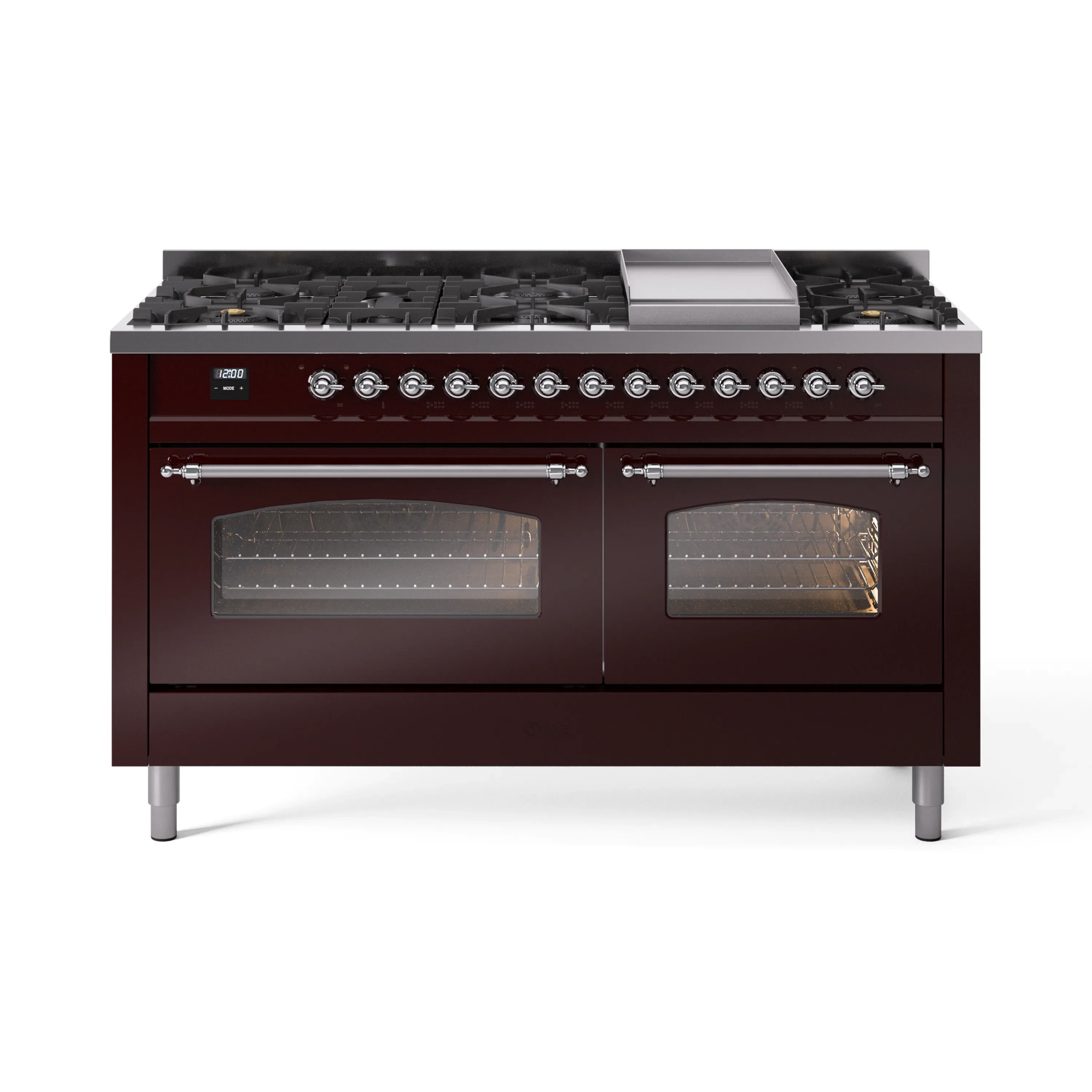 ILVE 60-Inch Nostalgie II Dual Fuel Range with 9 Burners, Griddle and Triple Glass Door Oven in Burgundy with Chrome Trim (UP60FNMPBUC)