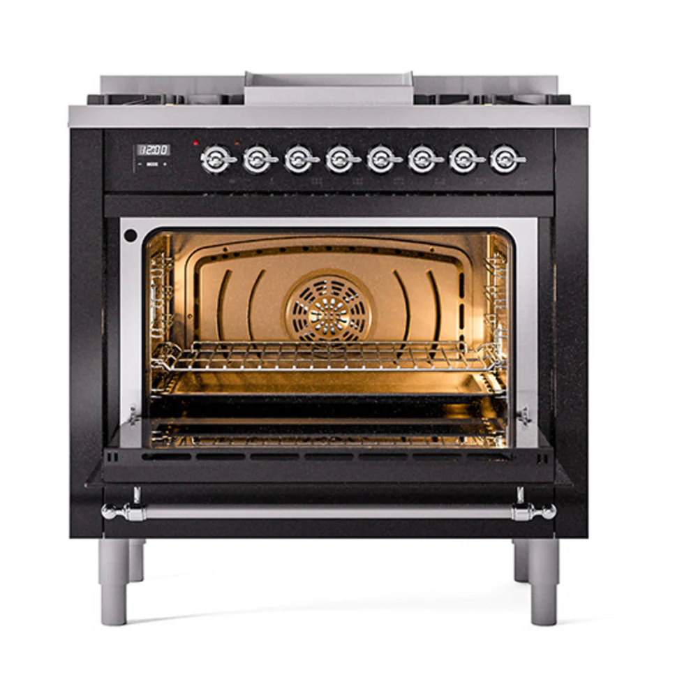 ILVE Nostalgie II Noblesse 36-Inch Dual Fuel Range and Solid Door Oven in Glossy Black with Chrome Trim (UN36FQNMPBKC)