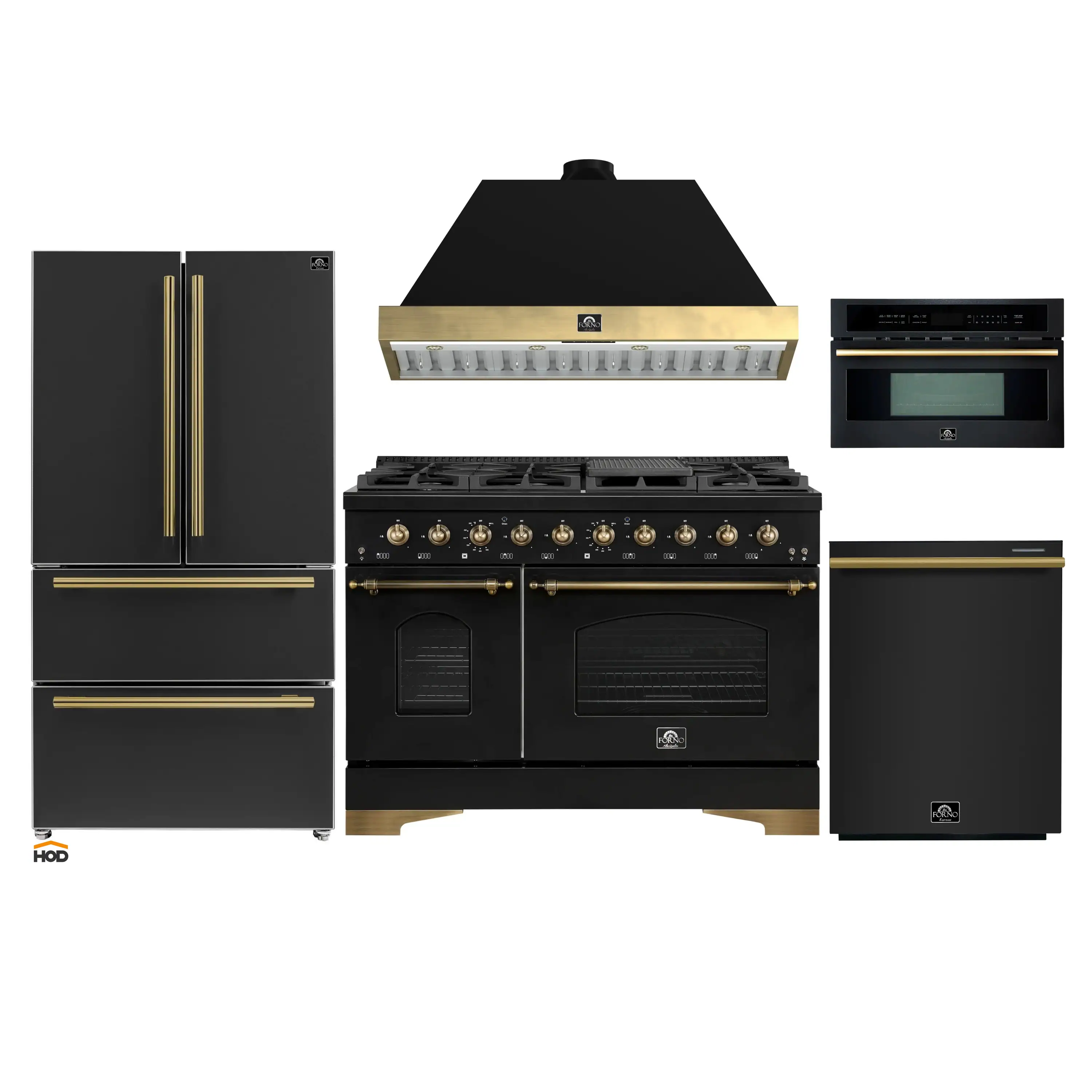 Forno Antico 5-Piece Appliance Package - 48-Inch Dual Fuel Range, 48-Inch Hood, 36-Inch Refrigerator, 24-Inch Dishwasher, & 30-Inch Microwave Oven in Black with Antique Brass Trim