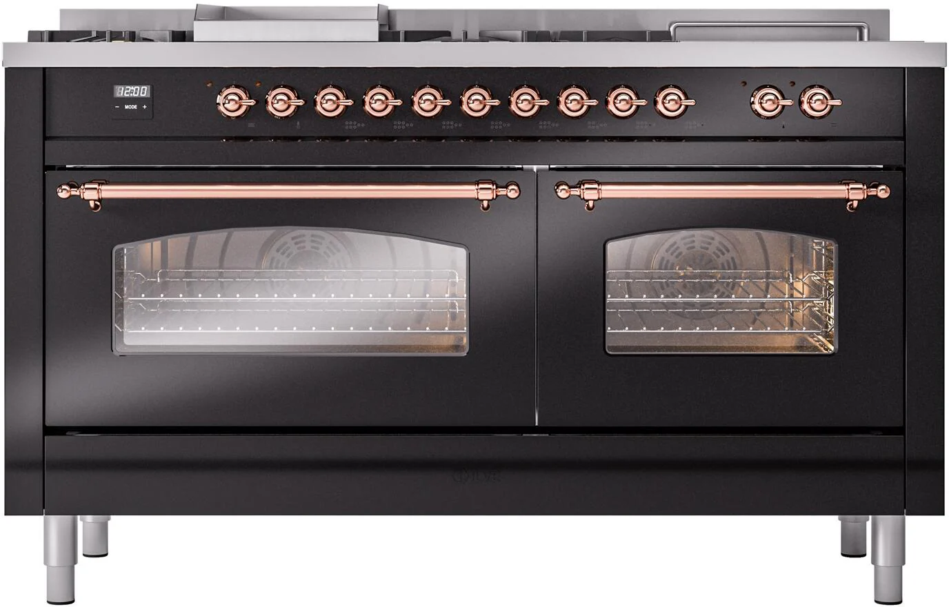 ILVE Nostalgie II 60-Inch Dual Fuel Range with 7 Burners, Griddle, & French Top with Triple Glass Door Oven in Glossy Black with Copper Trim (UP60FSNMPBKP)