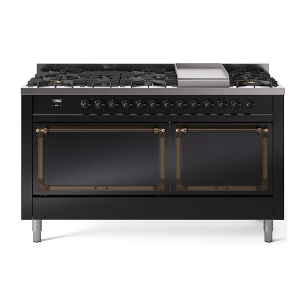 ILVE 60-Inch Nostalgie II Noblesse Dual Fuel Range with 9 Sealed Burners, Griddle, and Solid Door Oven in Glossy Black with Bronze Trim (UN60FQNMPBKB)
