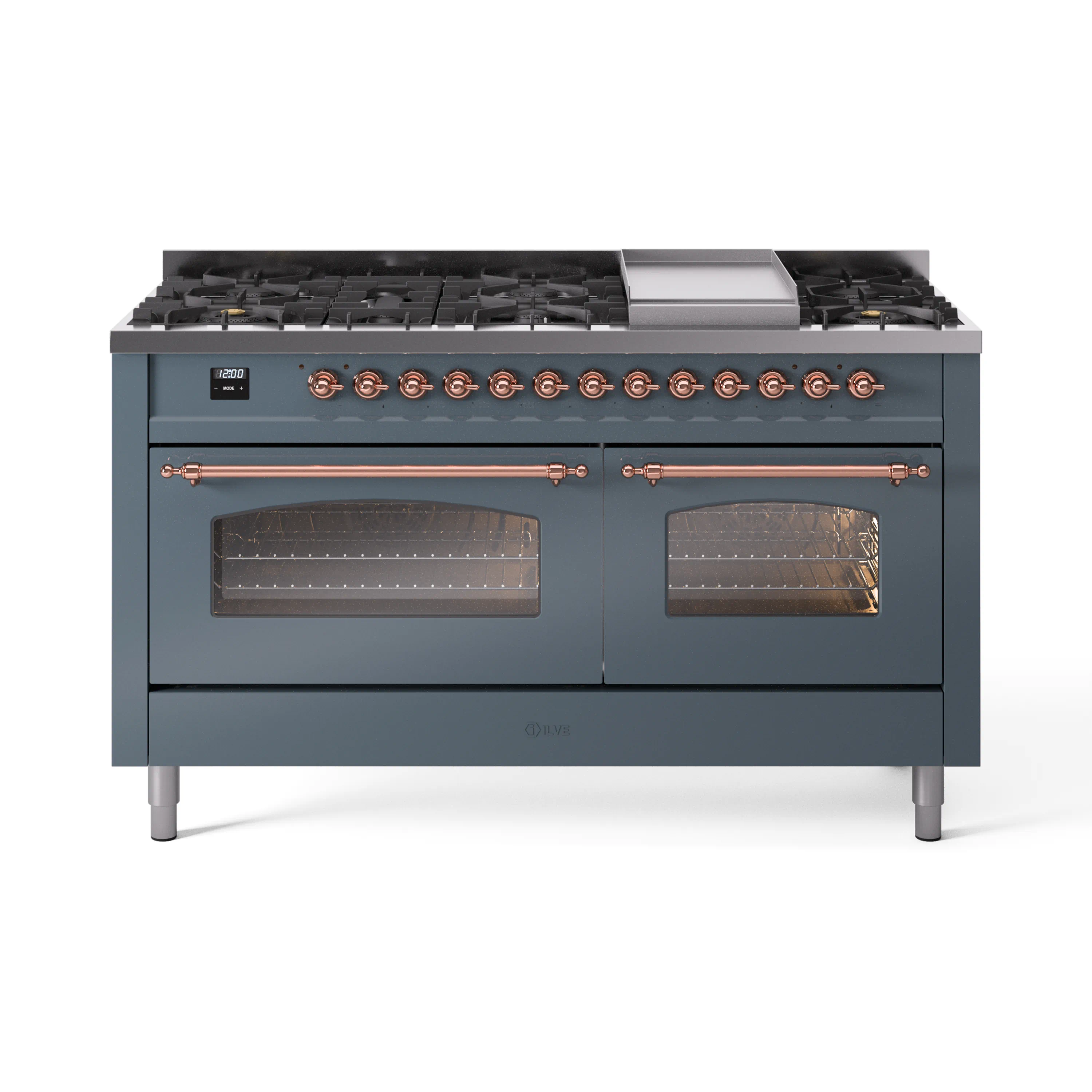 ILVE 60-Inch Nostalgie II Dual Fuel Range with 9 Burners, Griddle and Triple Glass Door Oven in Blue Grey with Copper Trim (UP60FNMPBGP)